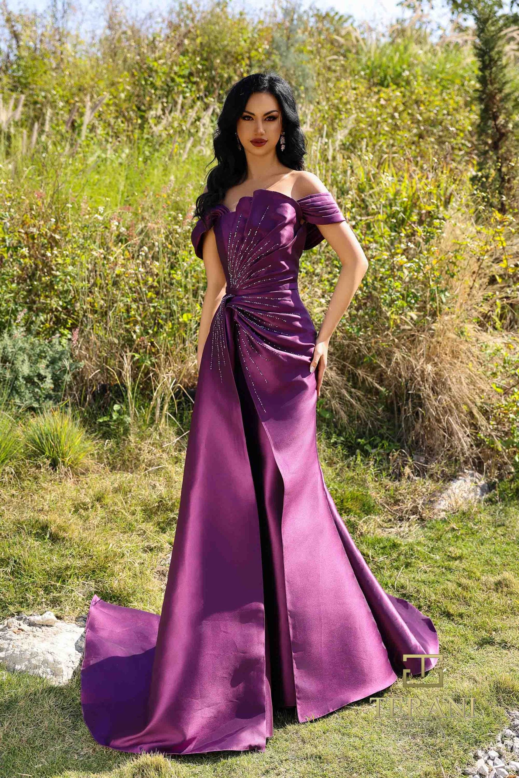 252M5342 – Side Train Long MOB Dress - Eggplant