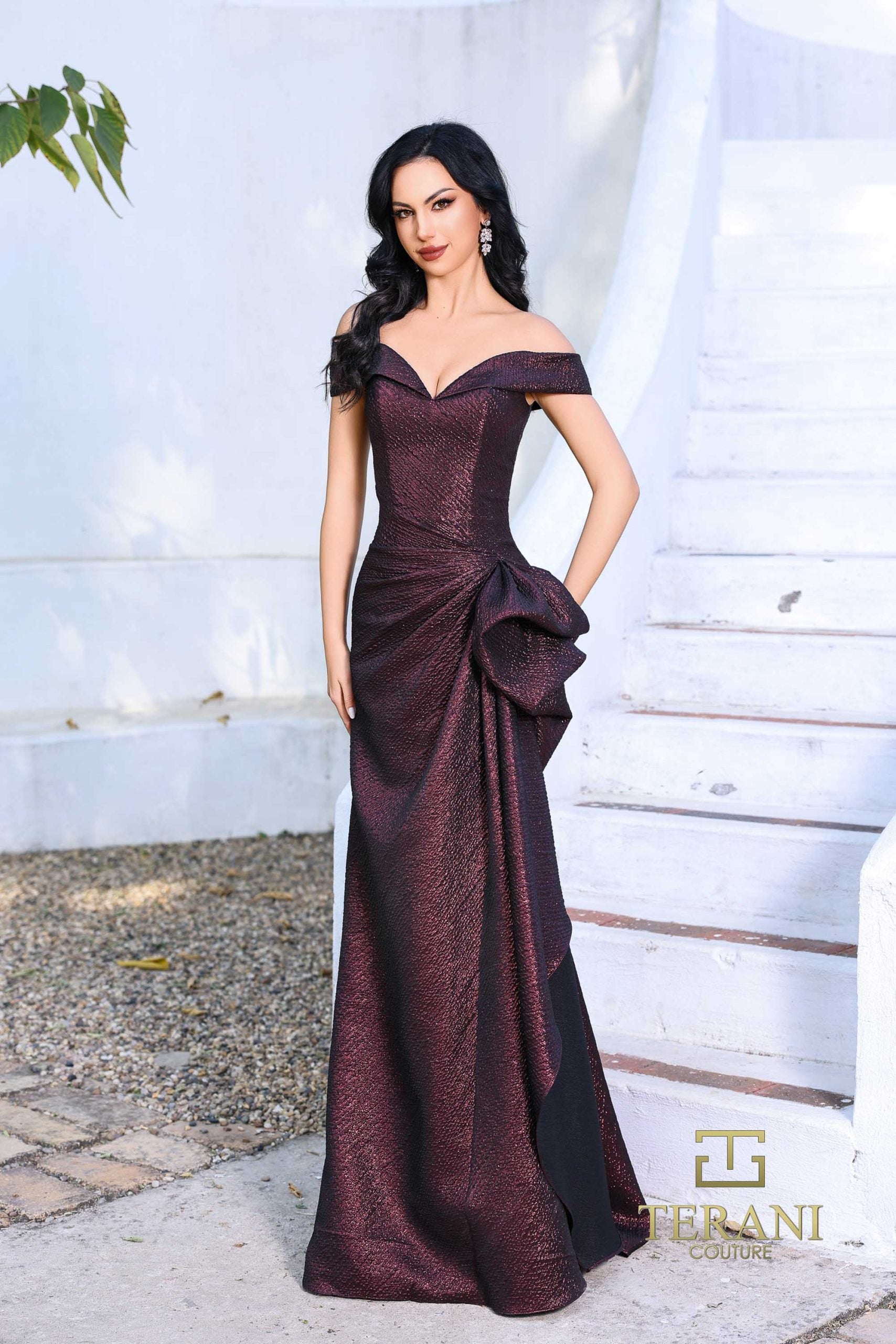 252M5364 – Side Peplum Long MOB Dress - Hunter