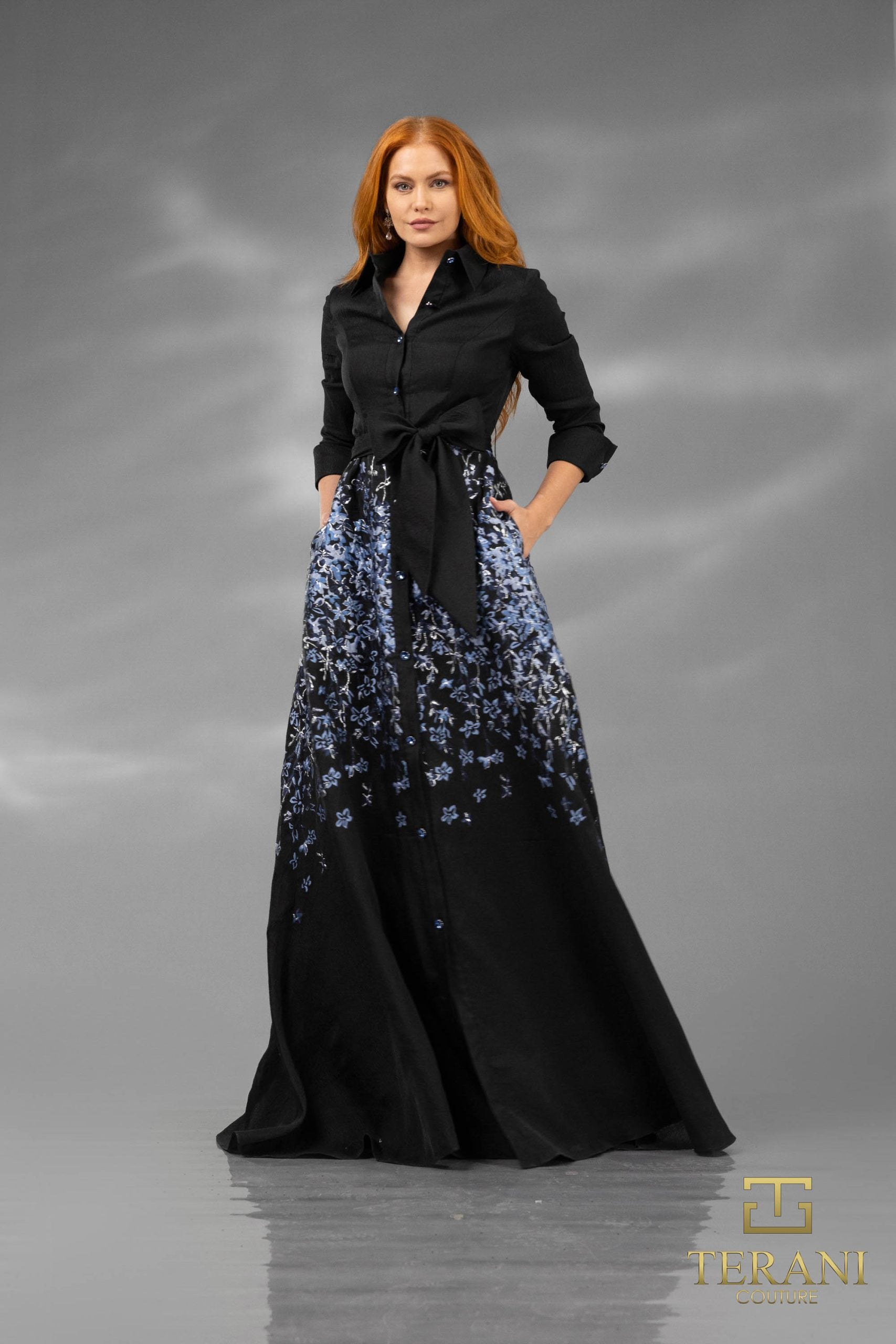 252M5503 – A-line Long MOB Dress - Black Blue