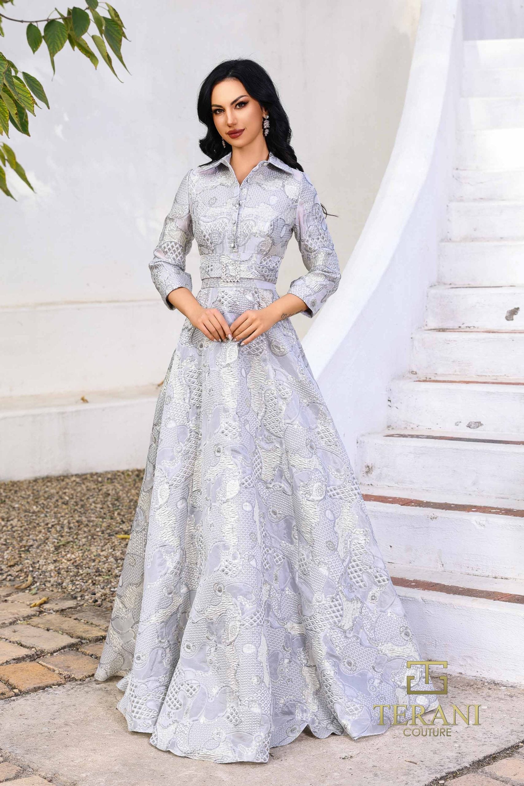 252M5526 – A-line Long MOB Dress - Dusty Blue