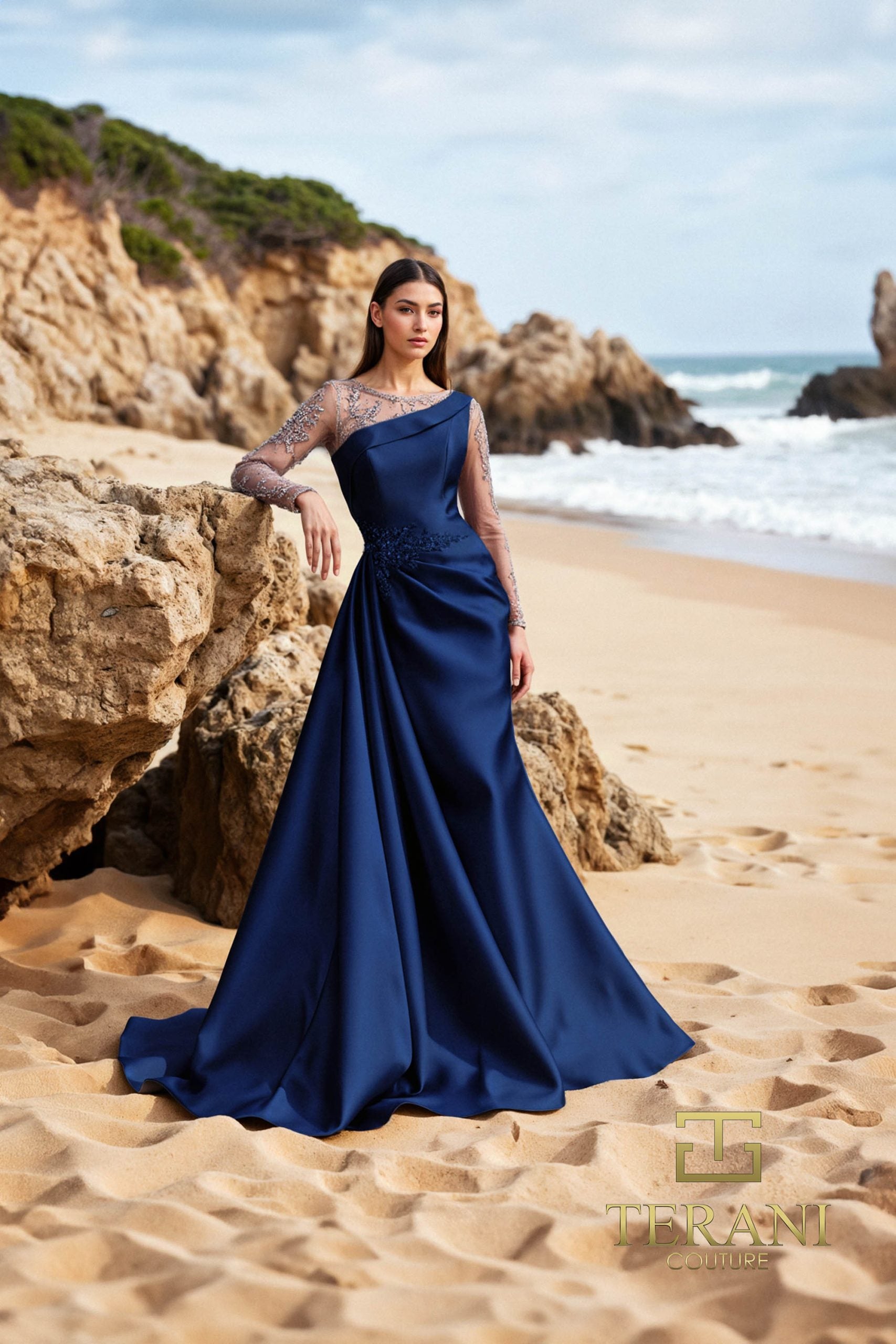 252M5344 – Side Train Long MOB Dress