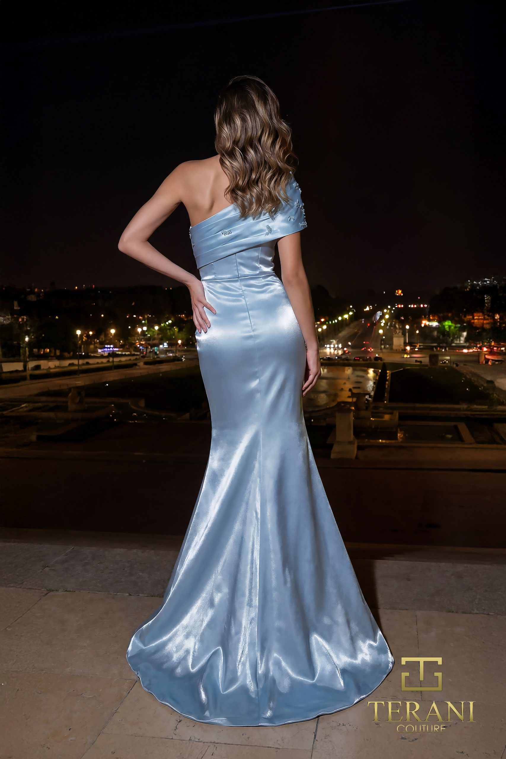 Asymmetric One-Shoulder Shimmer Fit & Flare Gown