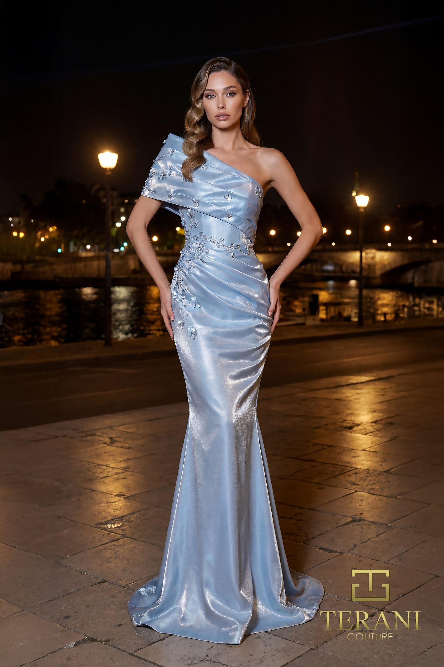 Asymmetric One-Shoulder Shimmer Fit & Flare Gown