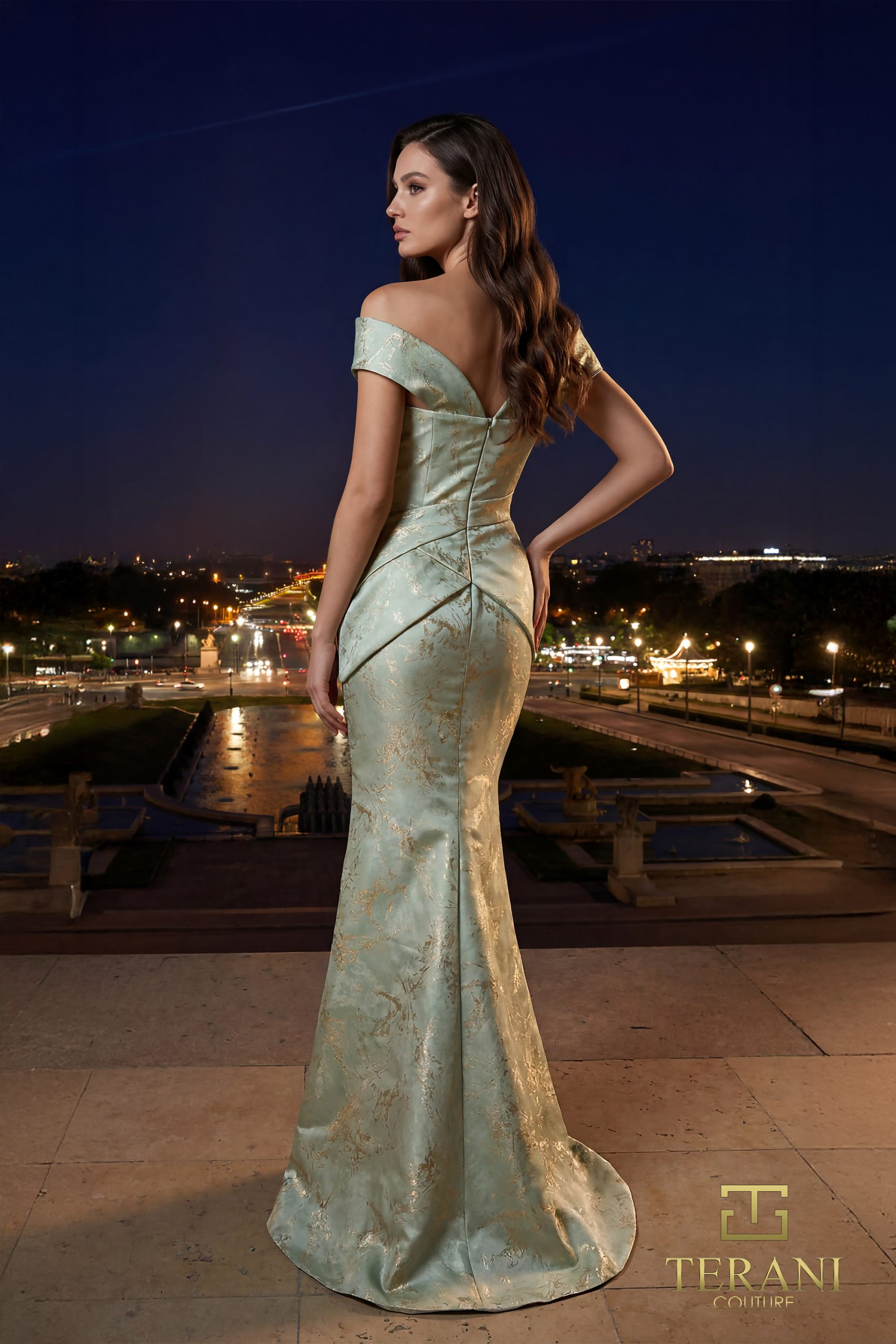 Off-Shoulder Jacquard Trumpet Gown