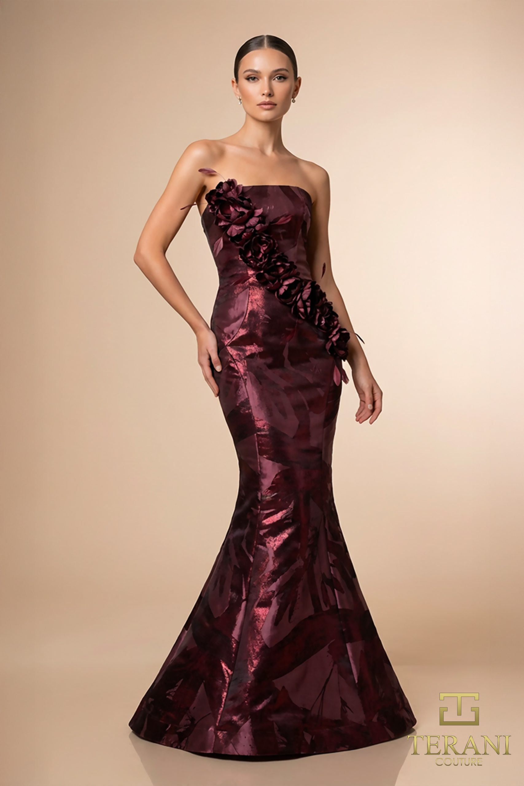 Straight Neck Shimmer Jacquard Mermaid Gown