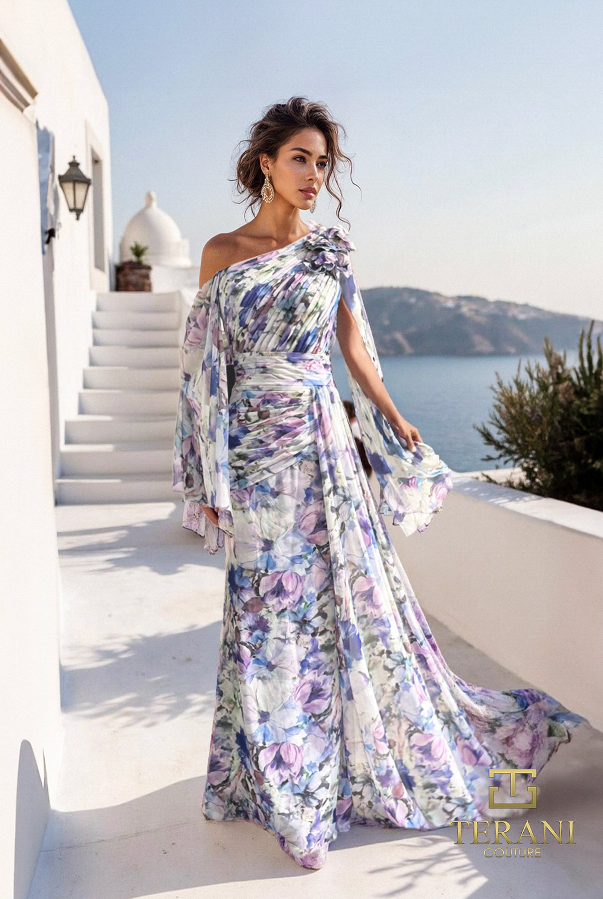 One-Shoulder Printed Chiffon A-Line Gown with Flutter Sleeves - 261E6644