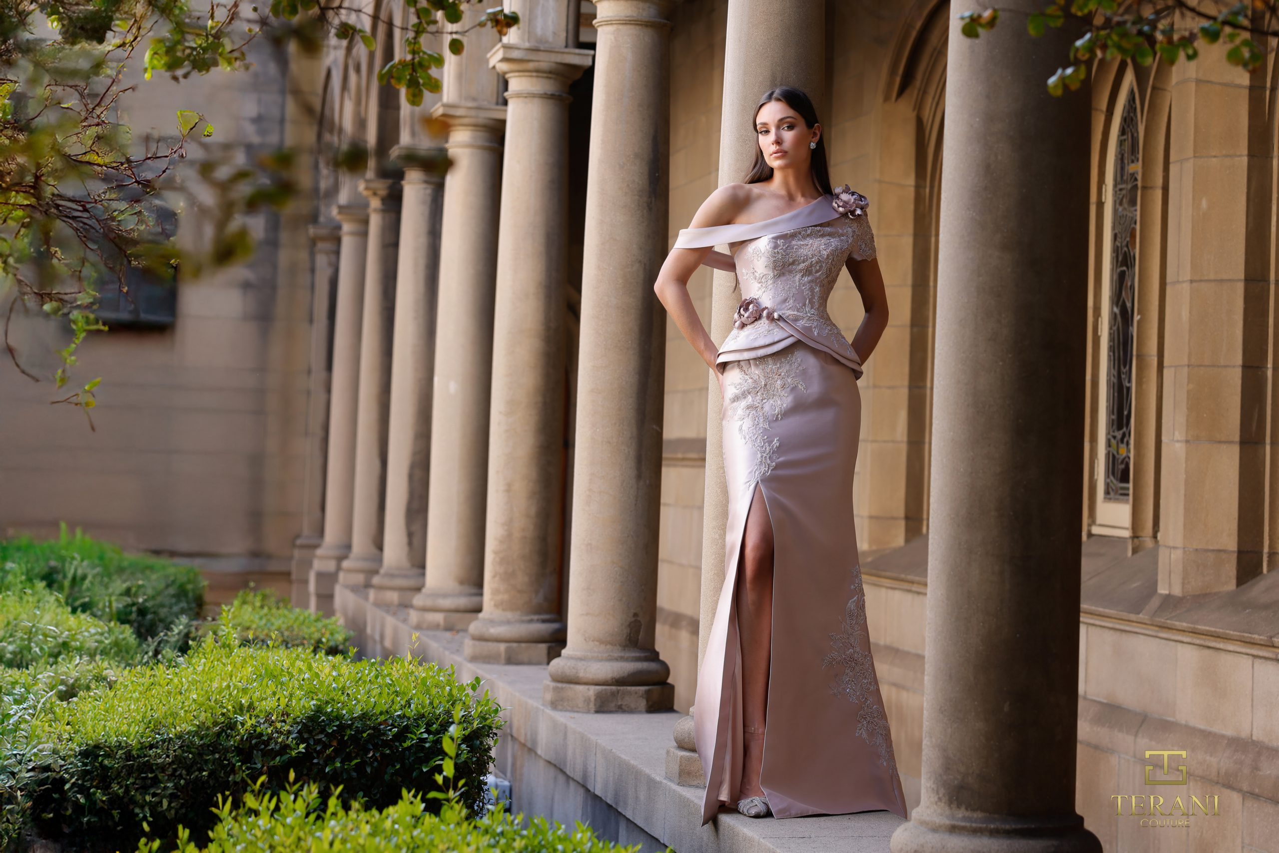 Asymmetric One-Shoulder Mikado & Lace Sheath Gown with Peplum