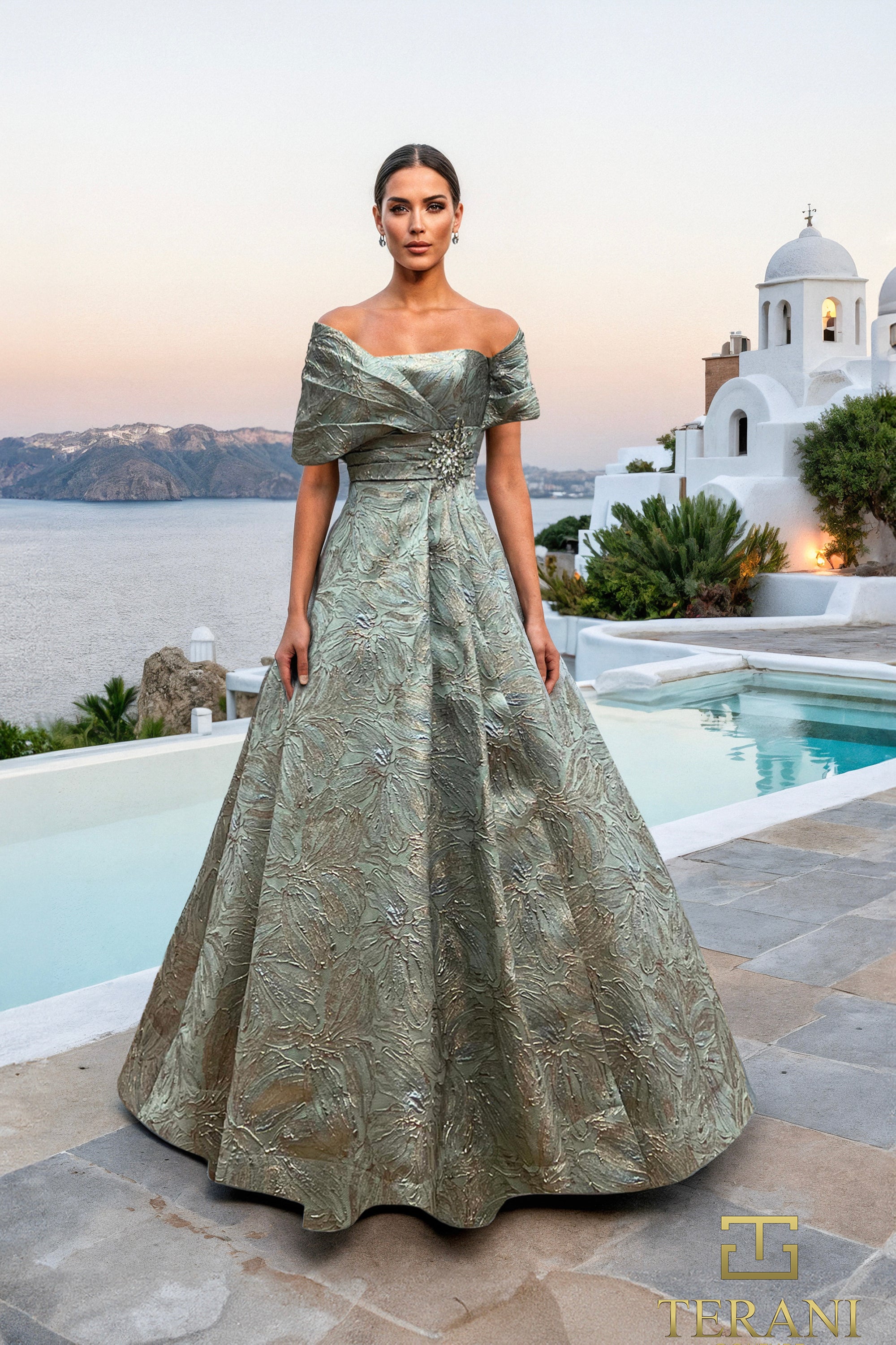 Off-Shoulder Jacquard A-Line Ballgown with Shawl Sleeves - 261M6453