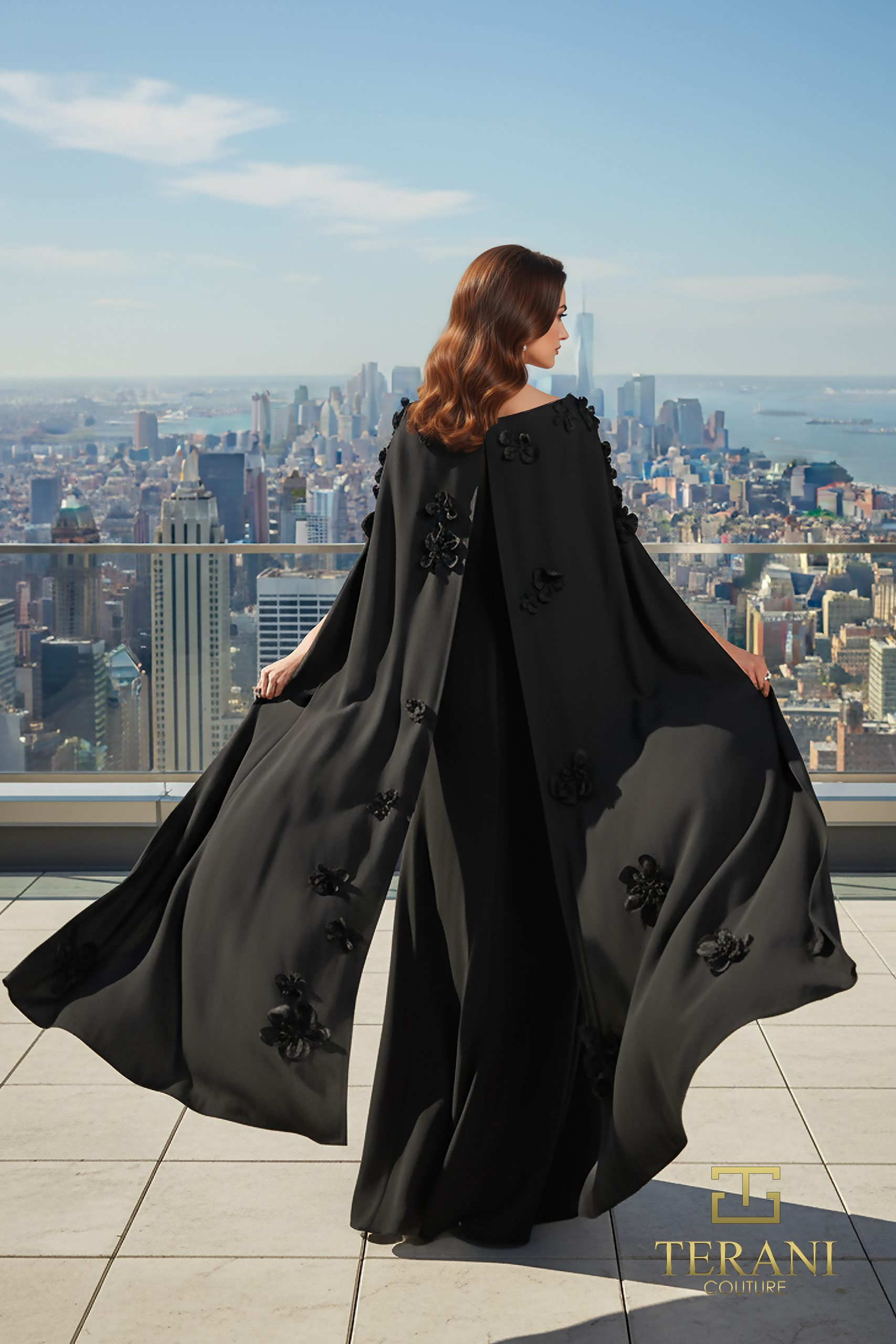 Boat Neck Crepe Trumpet Gown with Cape Sleeves