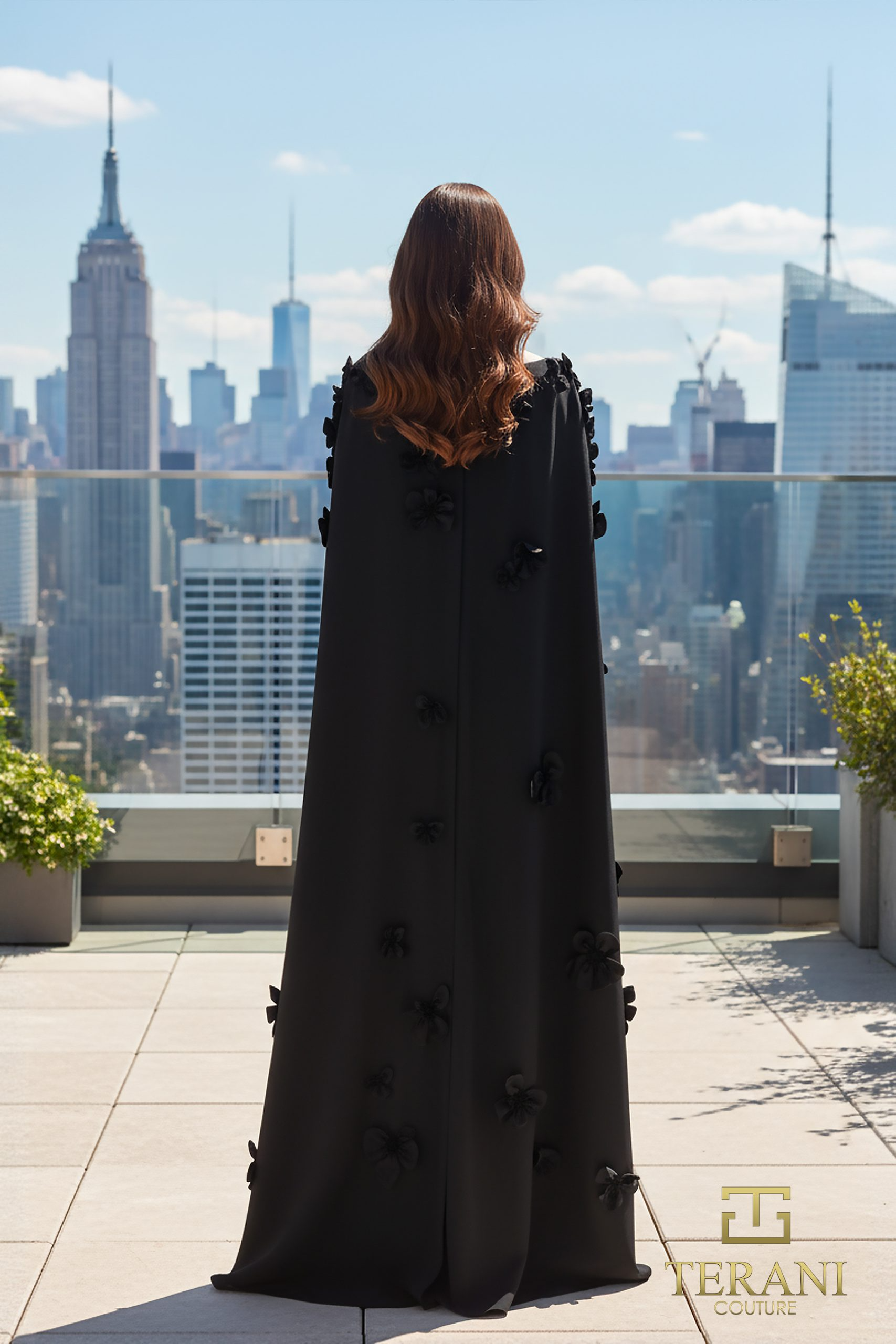 Boat Neck Crepe Trumpet Gown with Cape Sleeves