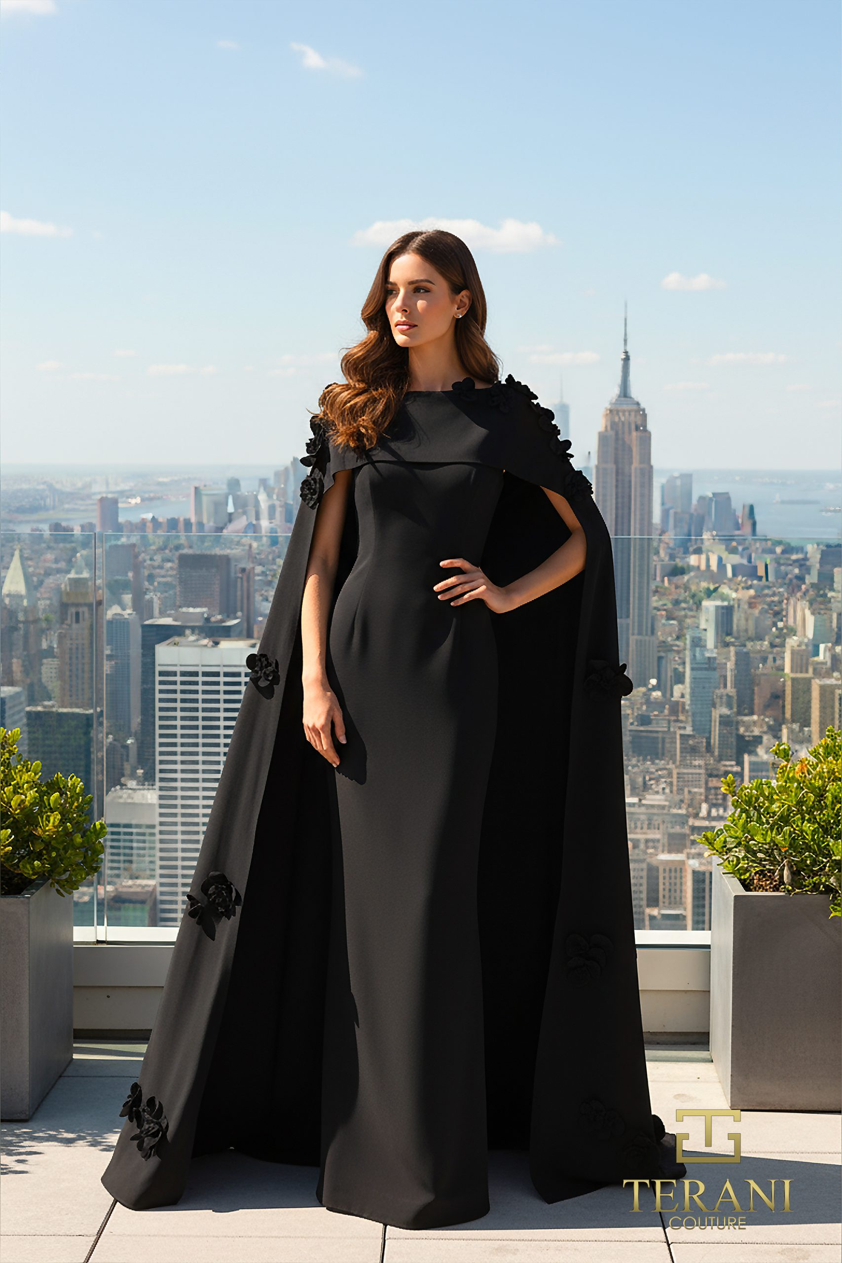 Boat Neck Crepe Trumpet Gown with Cape Sleeves