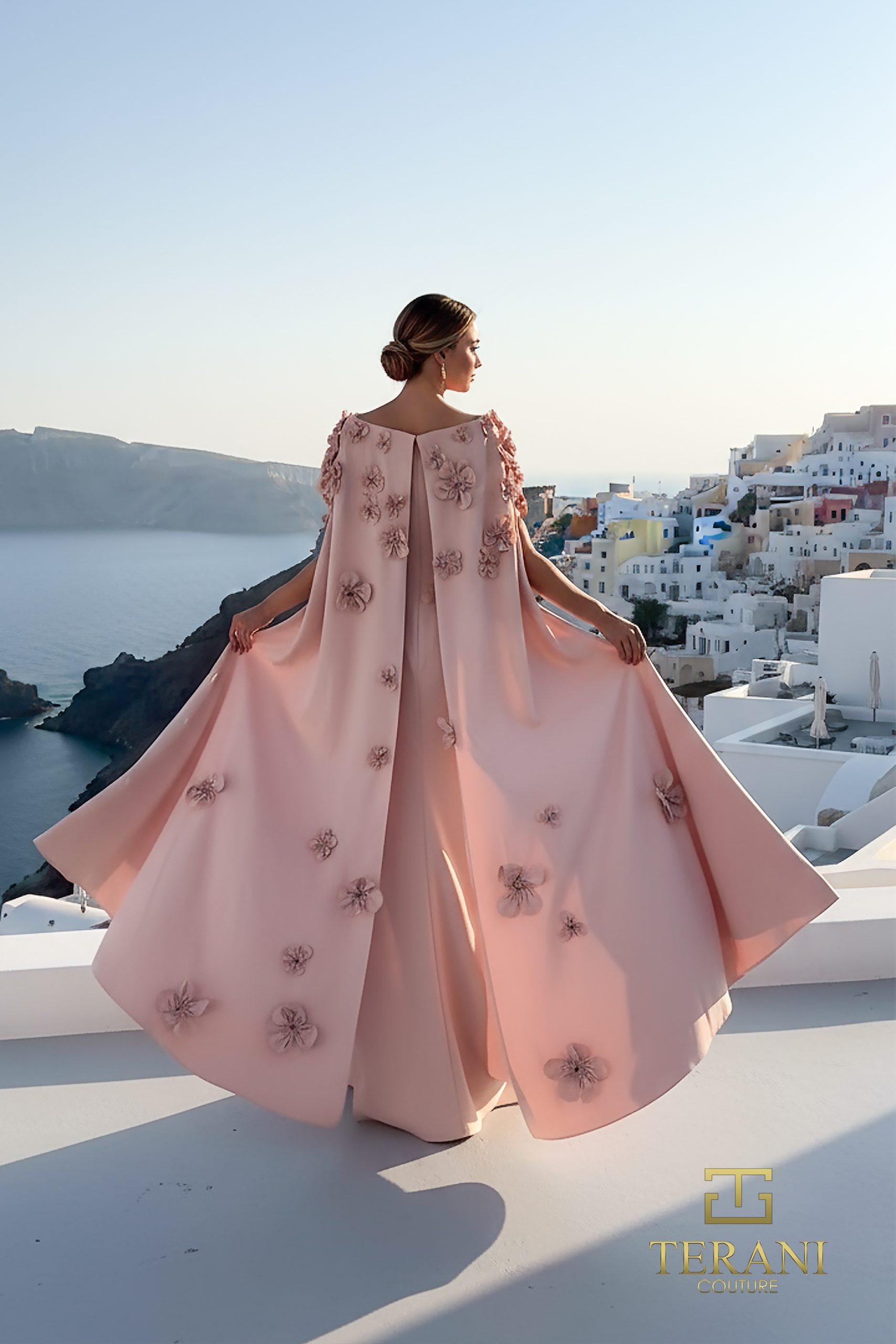 Boat Neck Crepe Trumpet Gown with Cape Sleeves