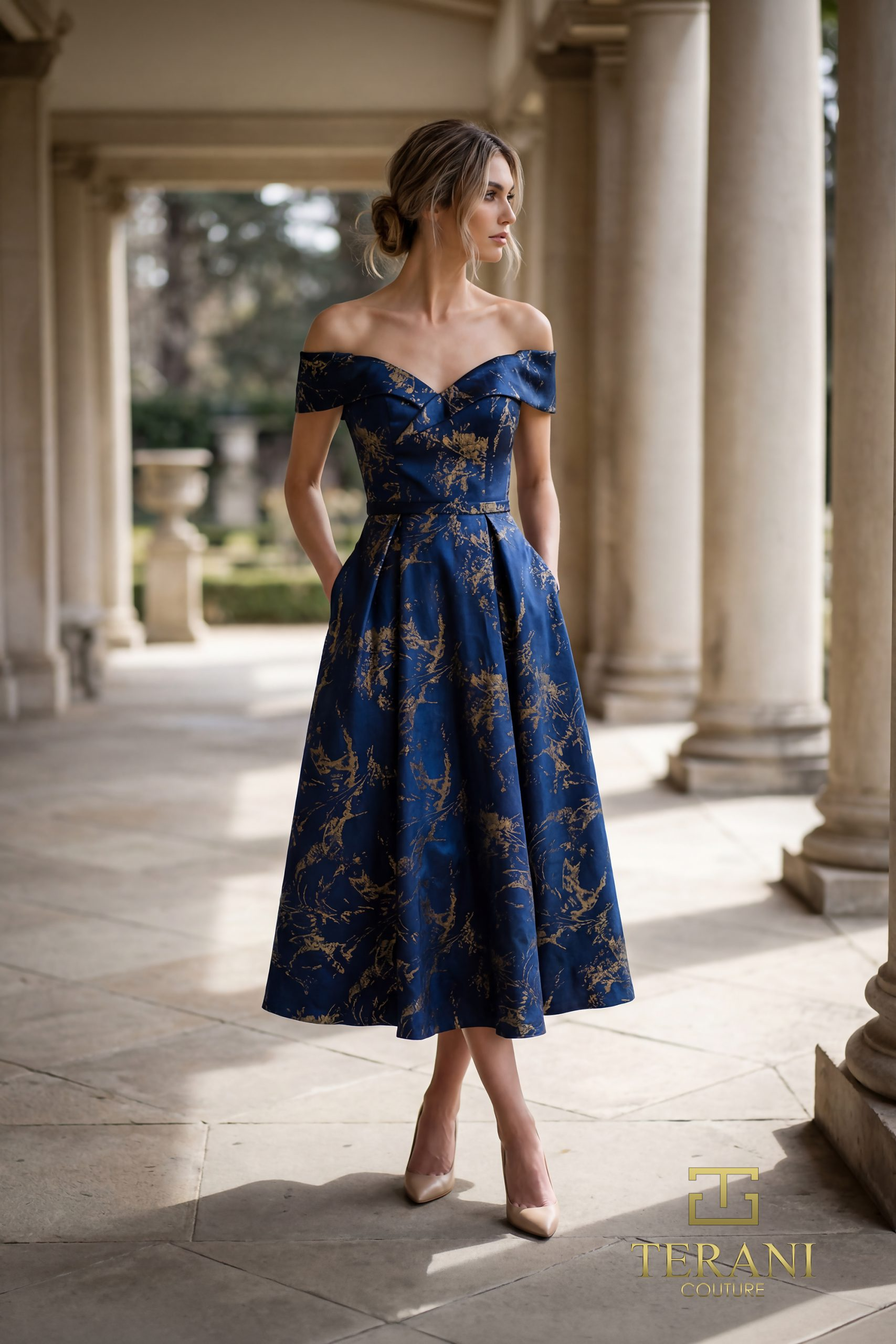 TERANI 261C6515 Dress Off-Shoulder Jacquard Fit & Flare Gown with Overskirt