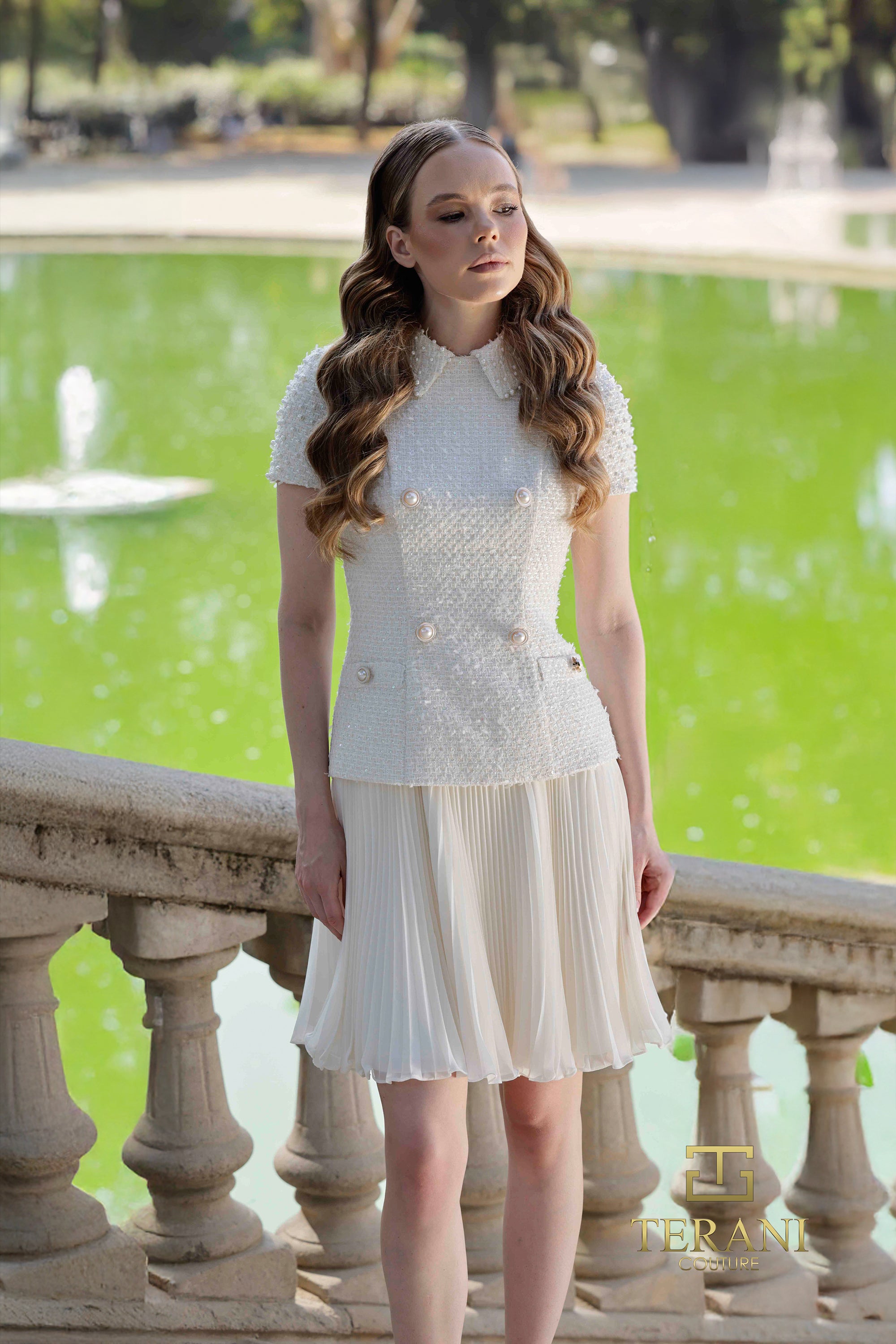 Round Neck Tweed & Chiffon Fit & Flare Dress with Collar - 261C6519