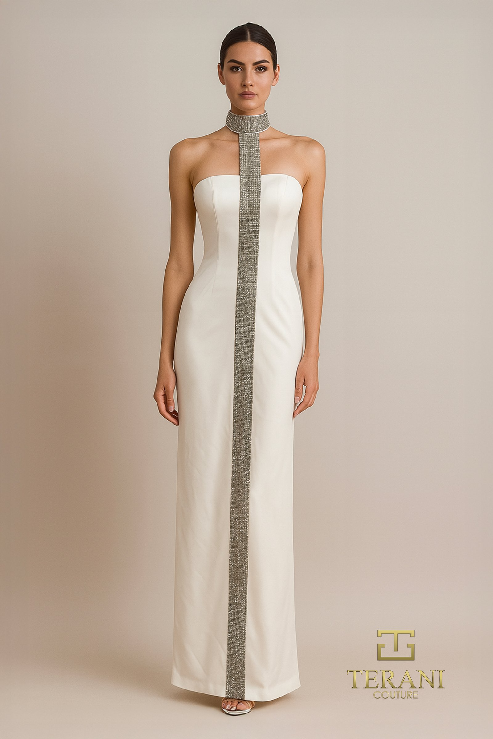 Strapless Scuba Sheath Gown with Slit
