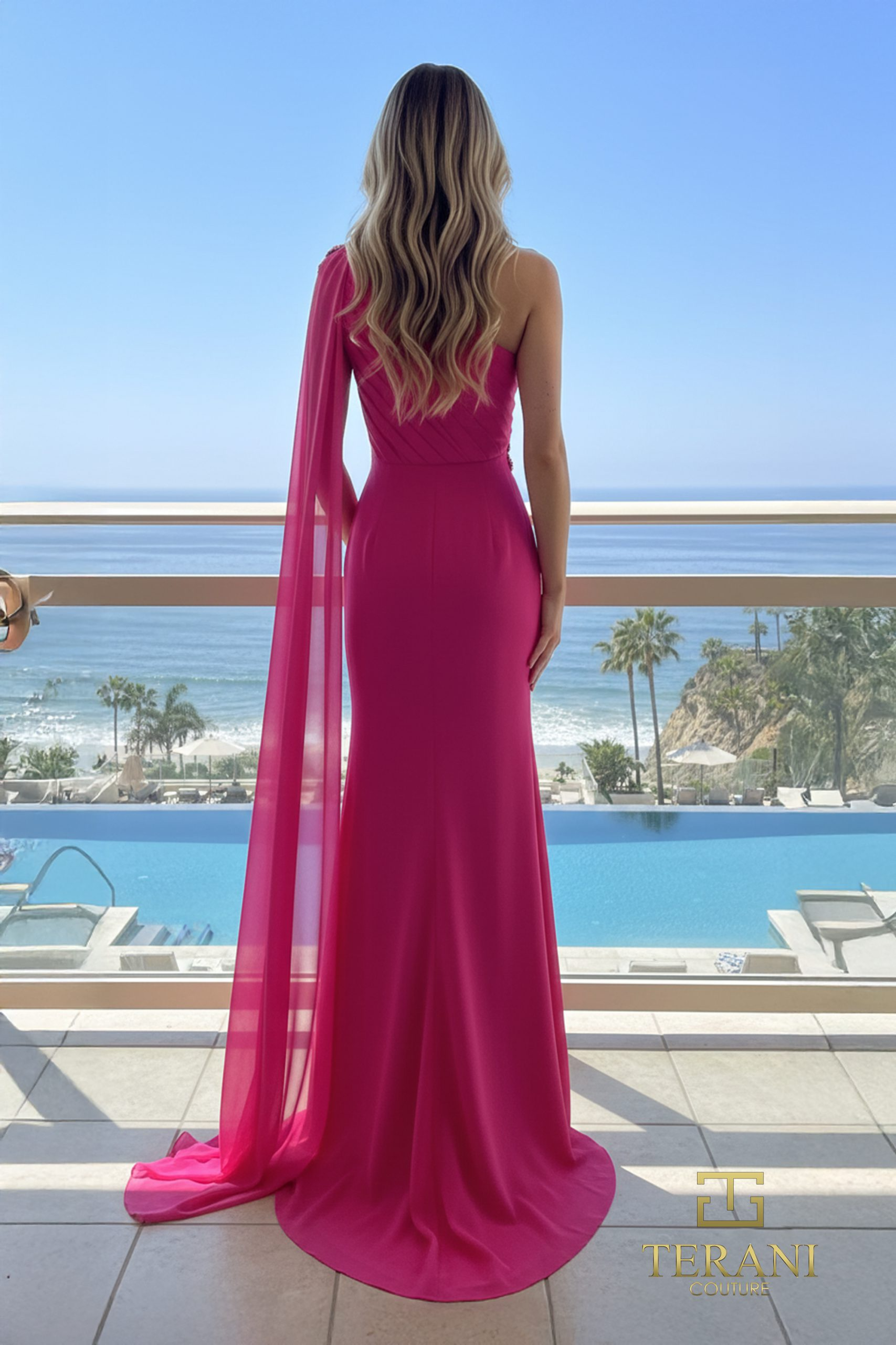 One-Shoulder Chiffon Column Gown with Cape Sleeve and Slit