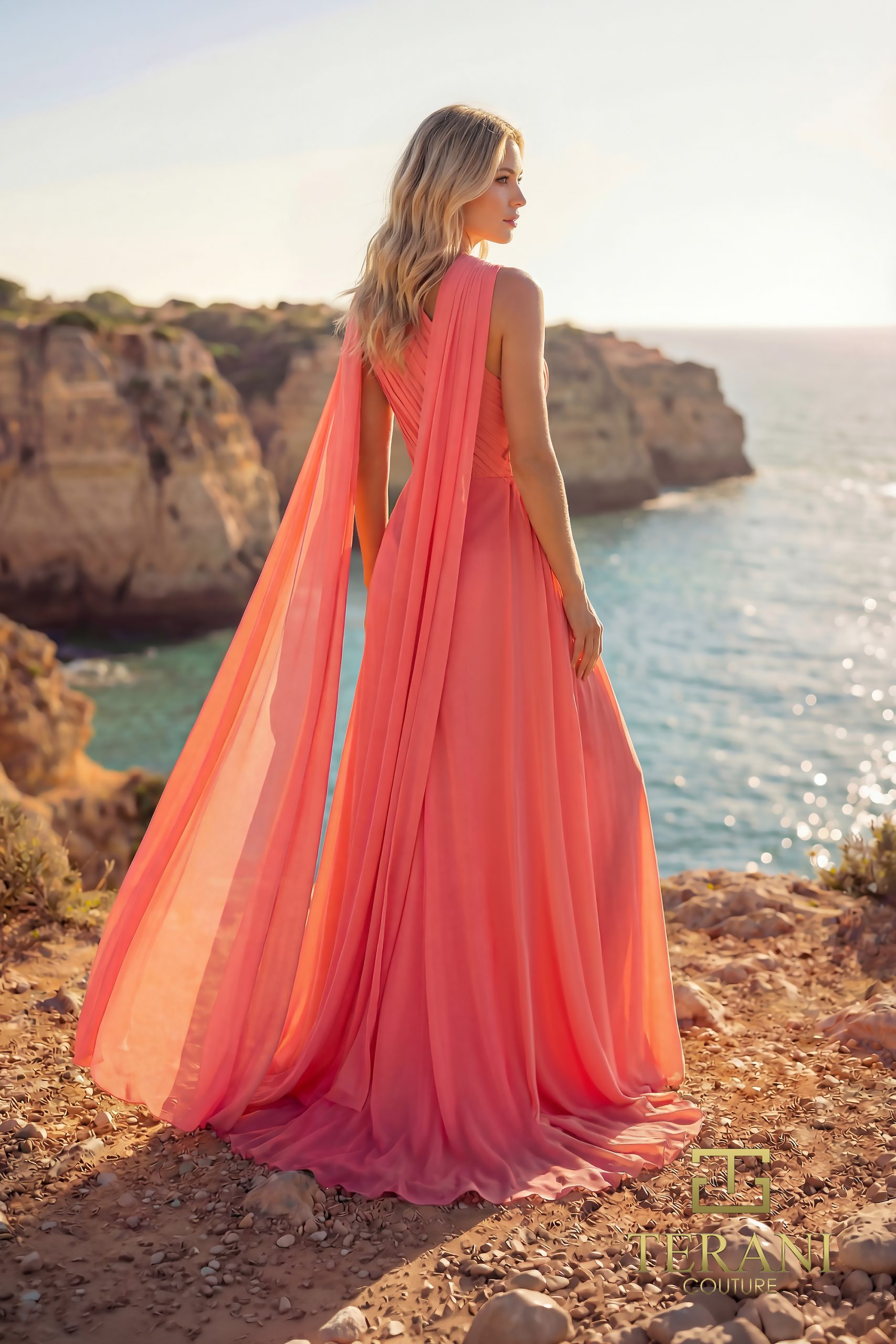 One-Shoulder Chiffon Column Gown with Cape Sleeve and Slit