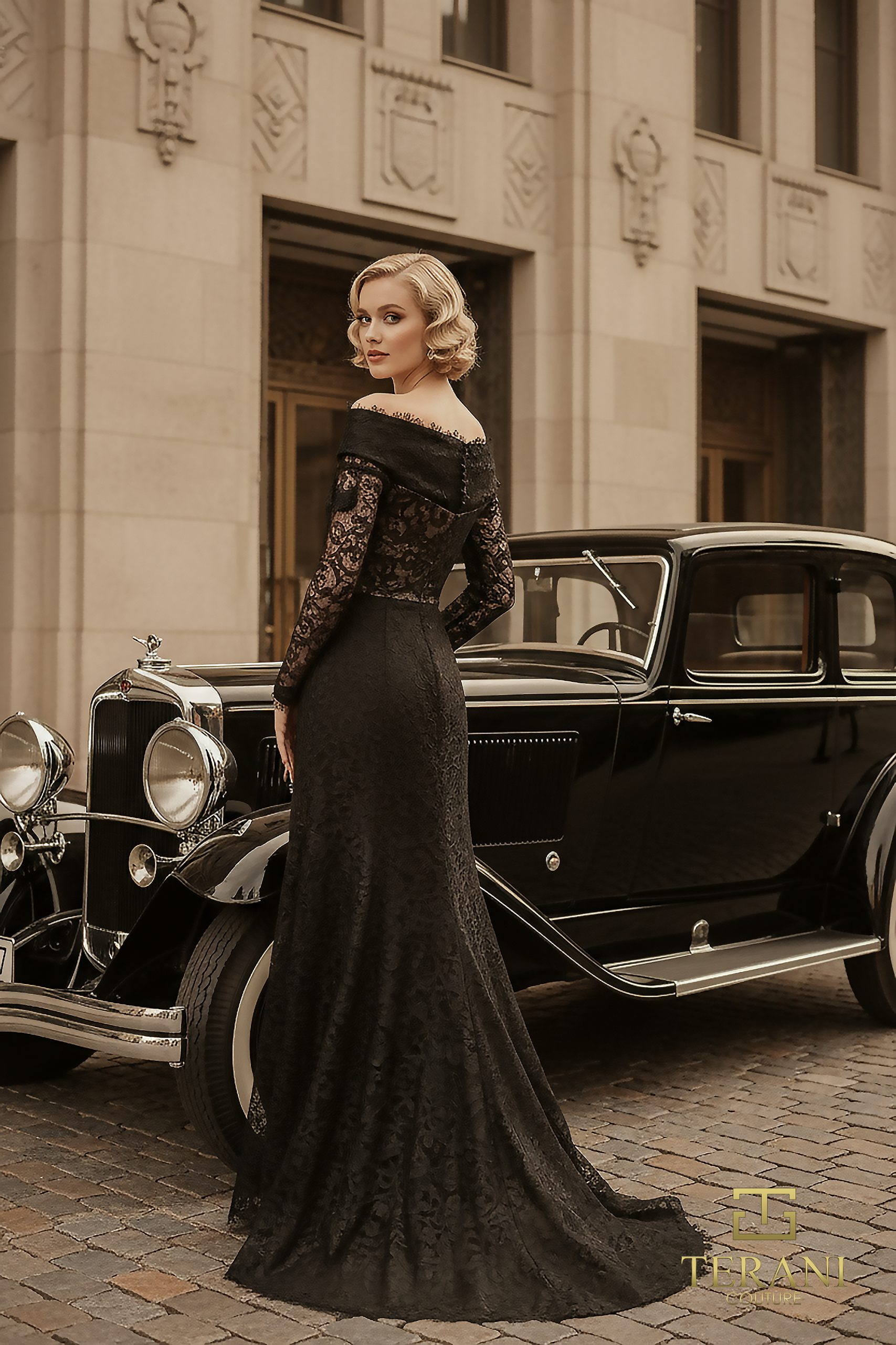 Off-Shoulder Lace & Matte Satin Column Gown with Long Sleeves
