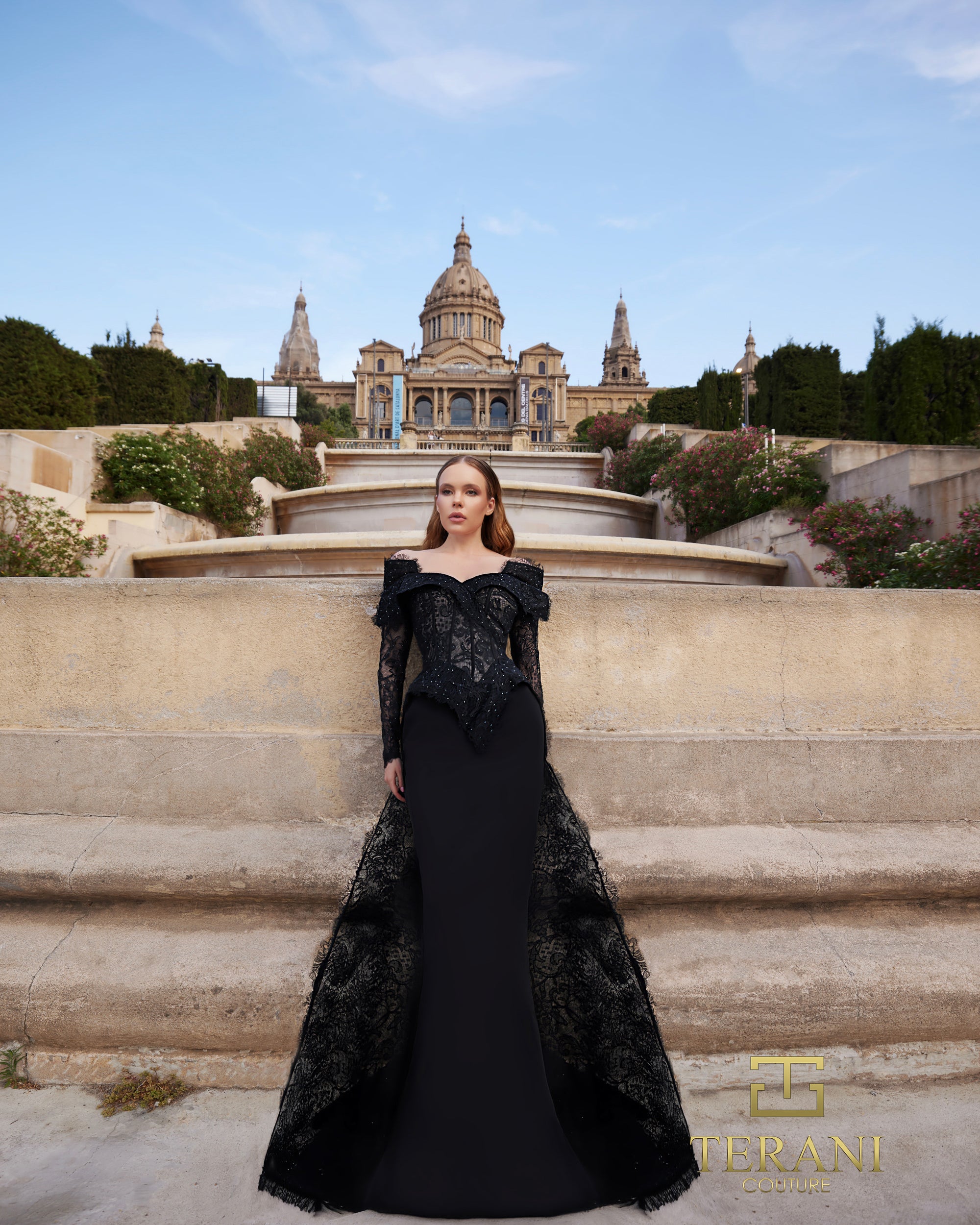 Off-Shoulder Lace & Matte Satin Column Gown with Long Sleeves - 261E6208