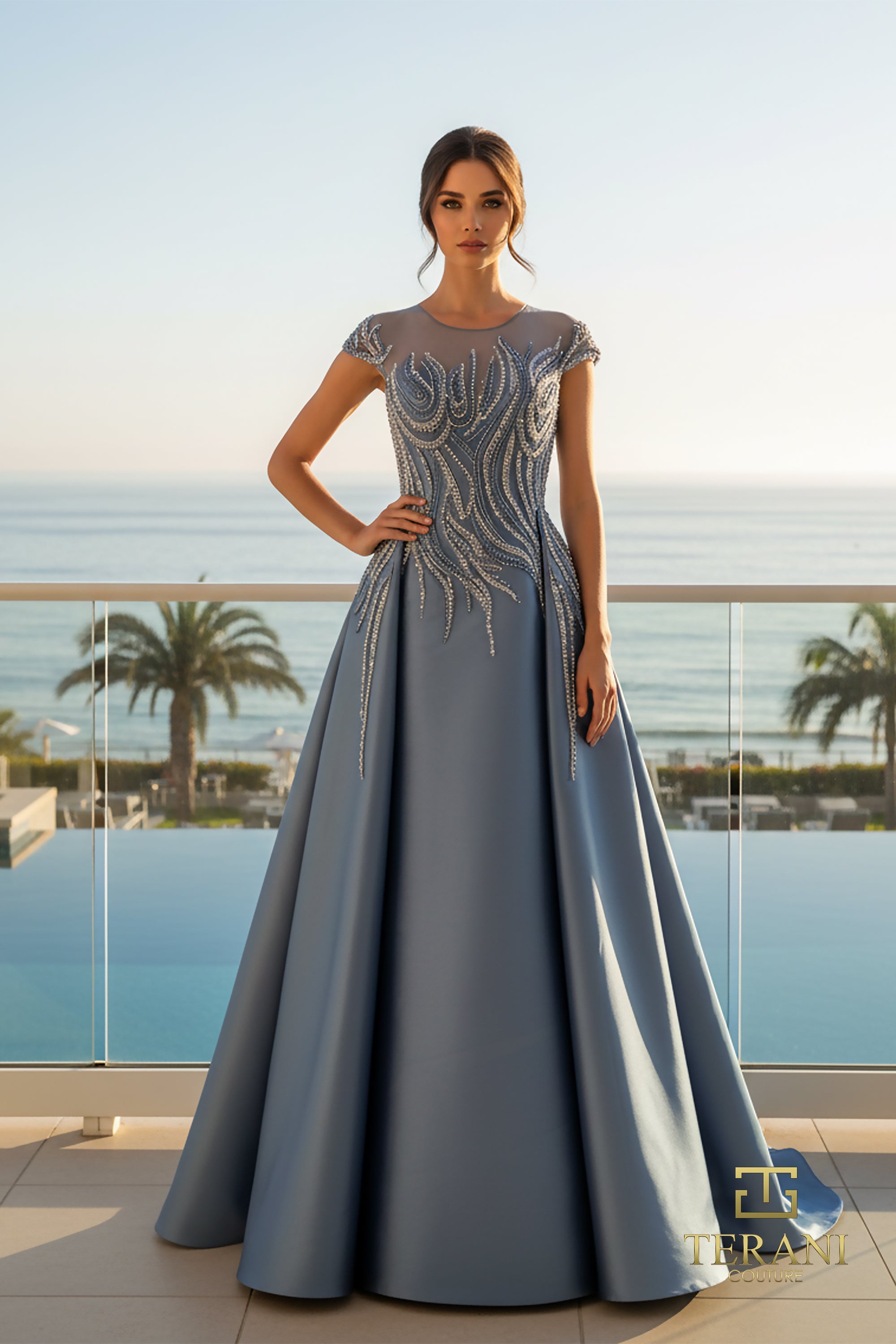 Dress Illusion Neck Stretch Mikado Column Gown with Overskirt and Cap