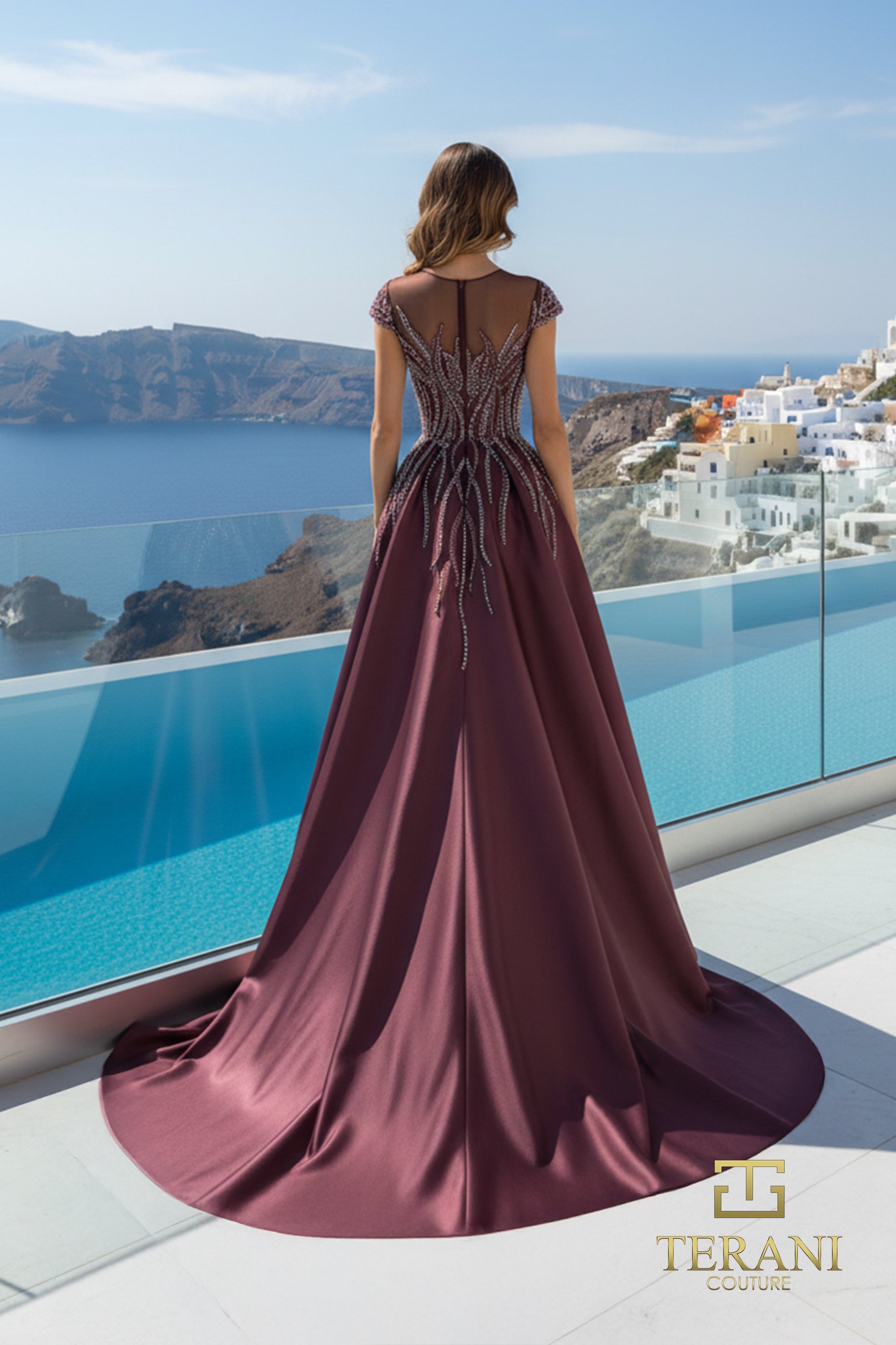 Illusion Neck Stretch Mikado Column Gown with Overskirt and Cap Sleeves - 261E6254