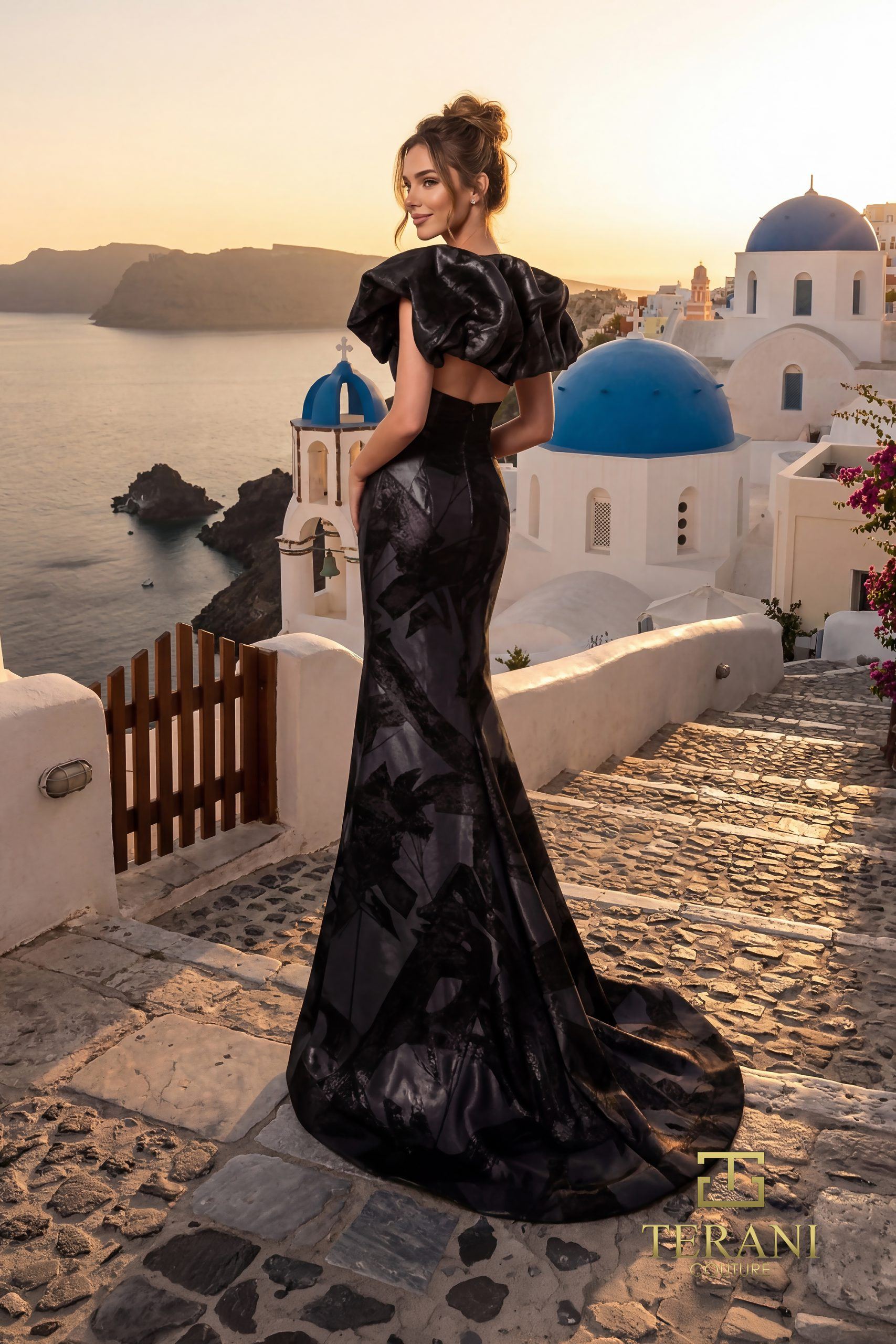 V-Neck Jacquard Column Gown with Slit
