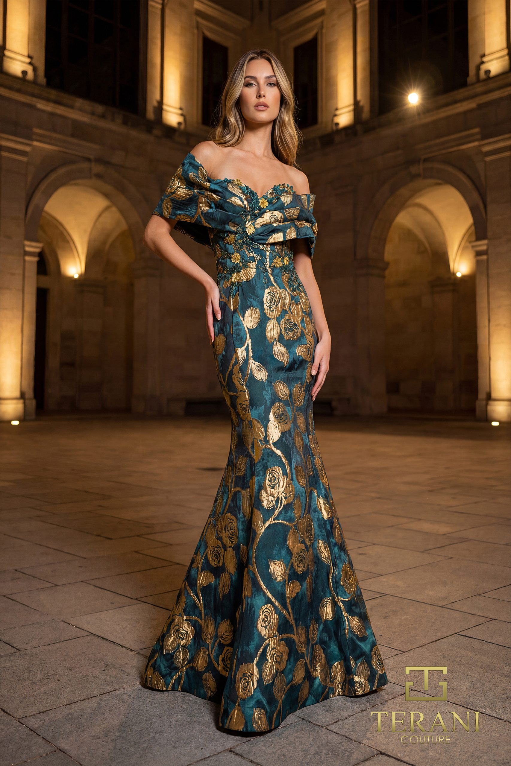 TERANI 261E6273 Dress Off-Shoulder Jacquard Mermaid Gown