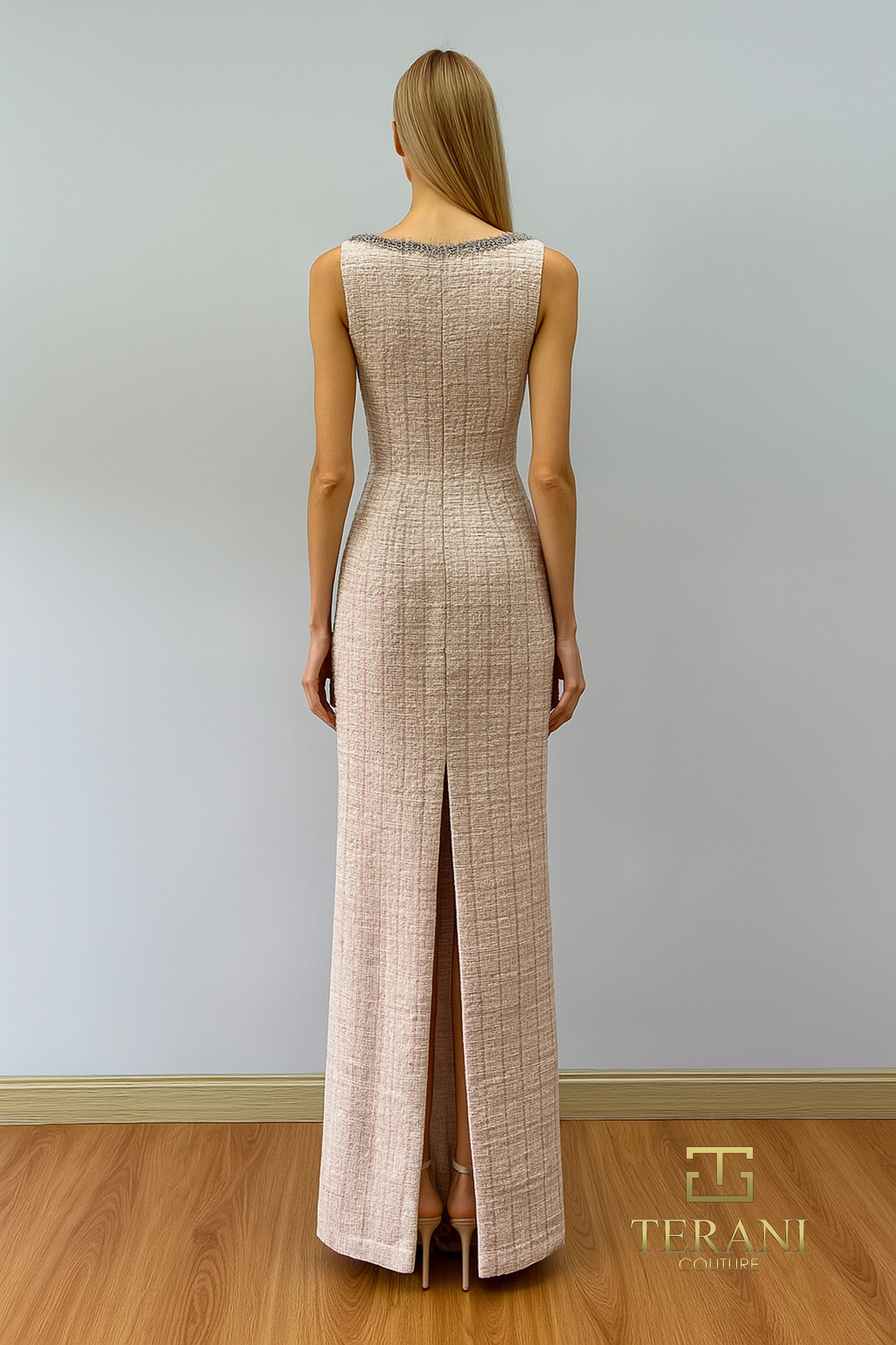 High Bateau Tweed Column Dress with Slit - 261E6274