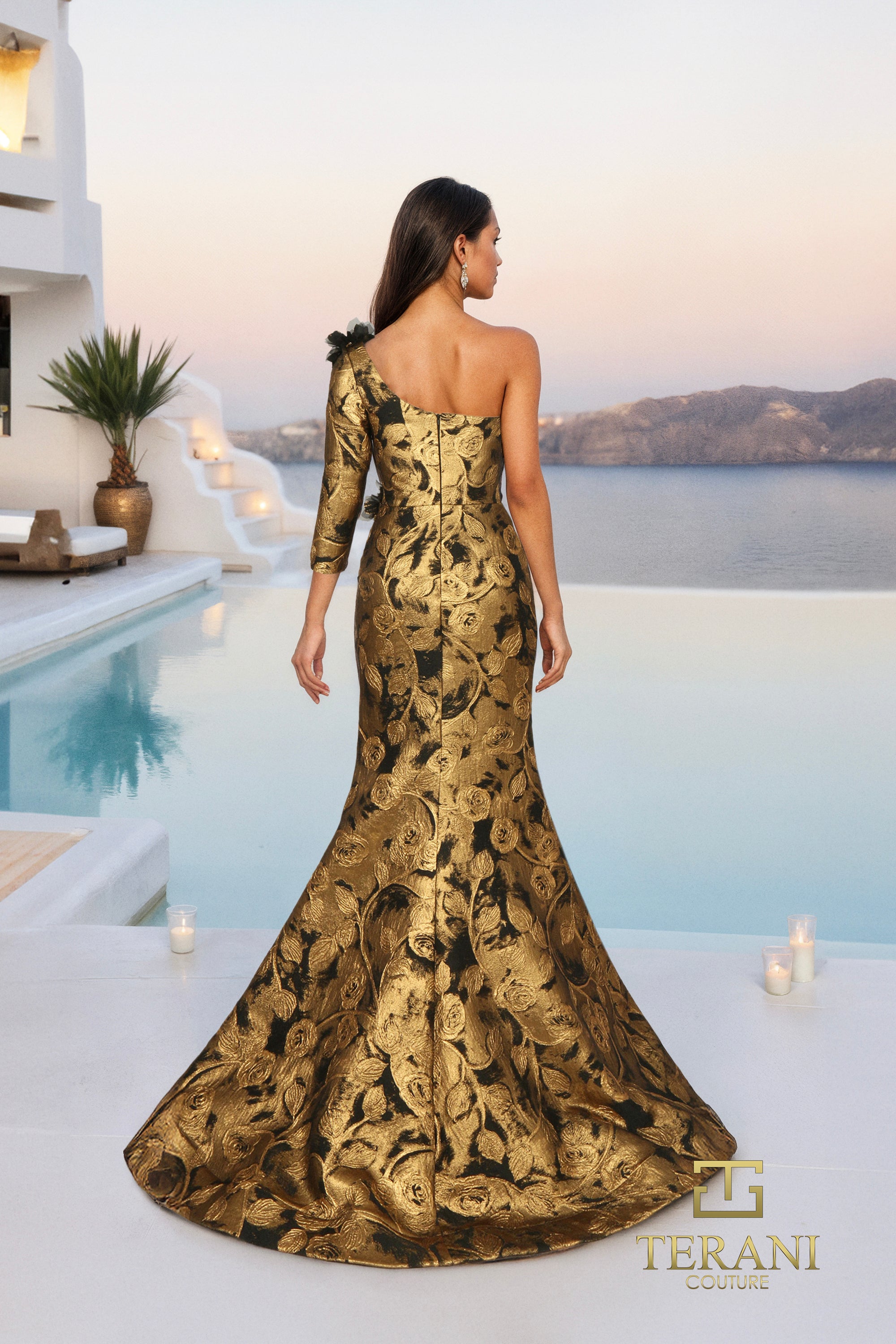 Asymmetric One-Shoulder Brocade Trumpet Gown with 3/4 Sleeve - 261E6275