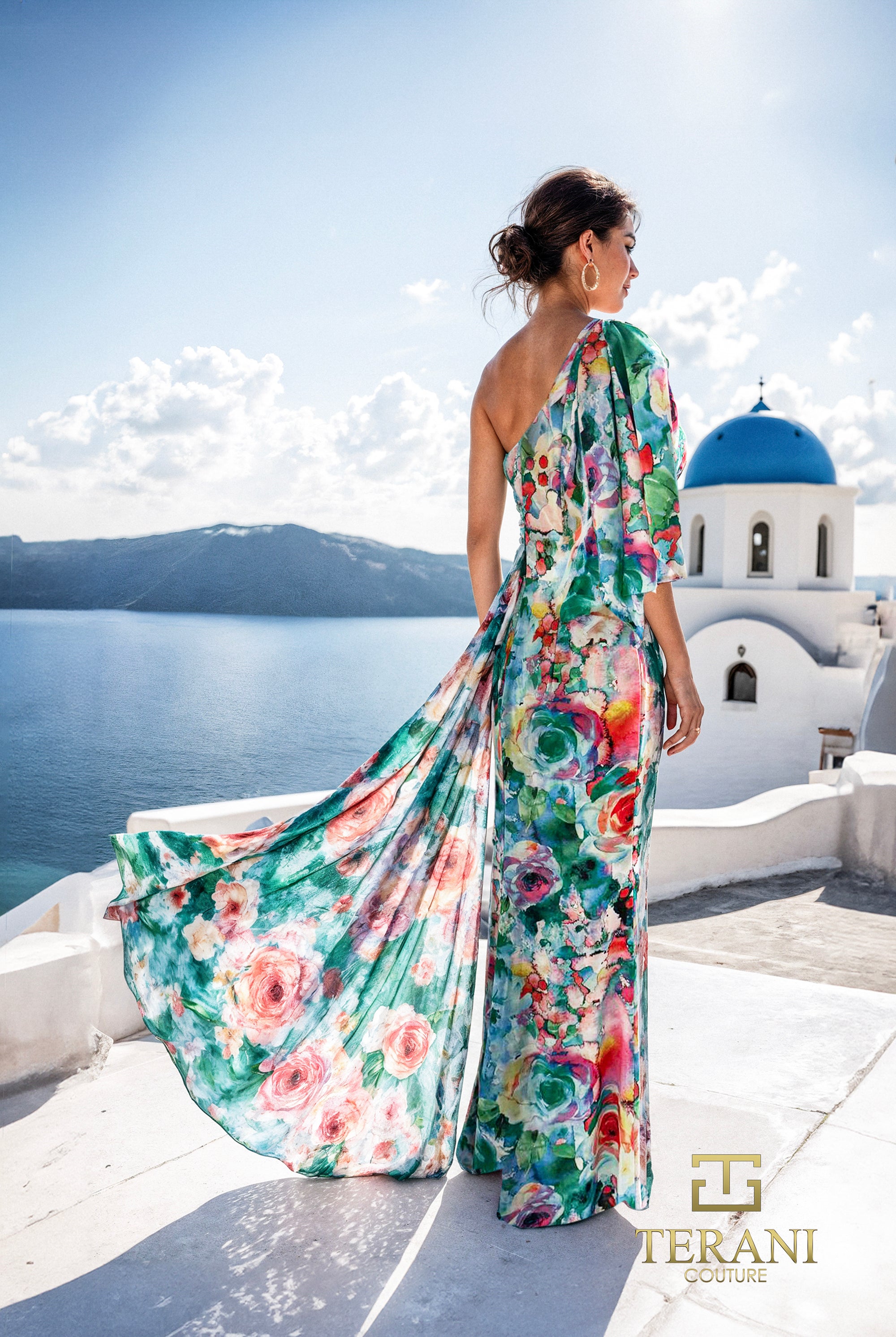 One-Shoulder Printed Chiffon Column Gown with Flutter Sleeve and Slit - 261E6646