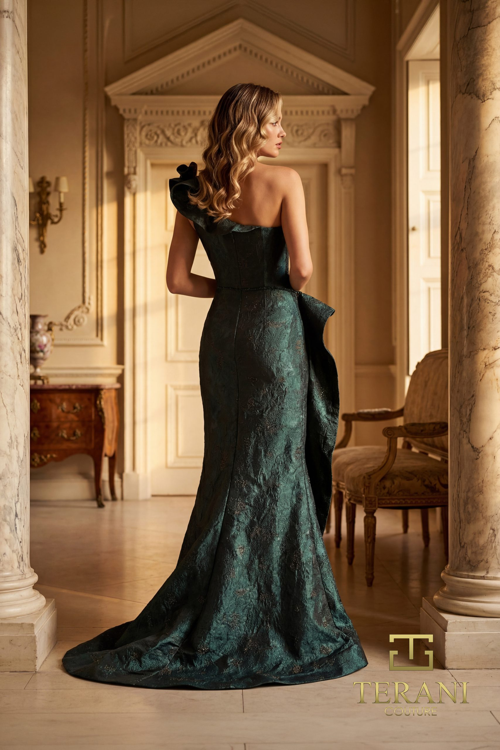 Ruffled One-Shoulder Jacquard Mermaid Gown with Slit