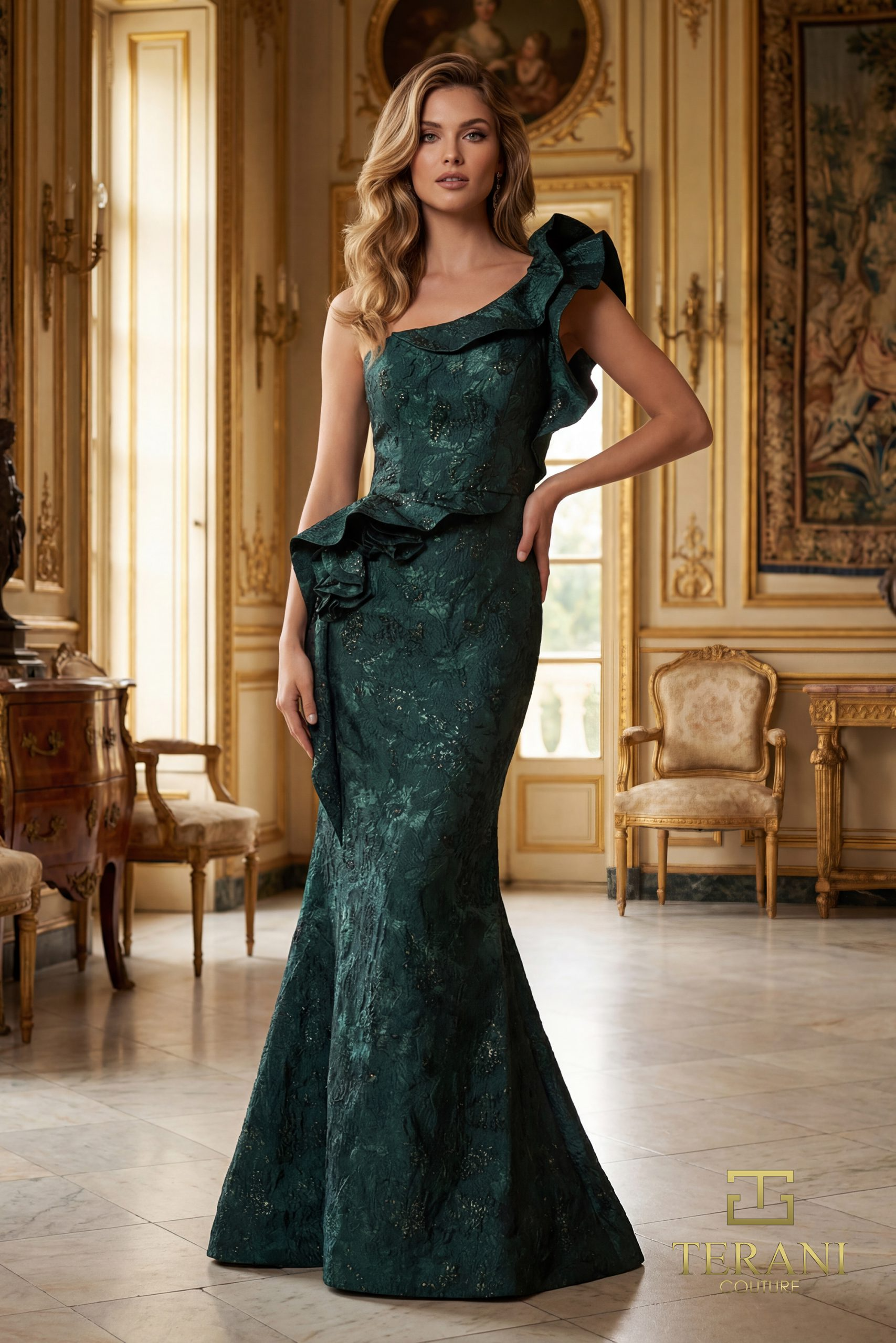 Ruffled One-Shoulder Jacquard Mermaid Gown with Slit