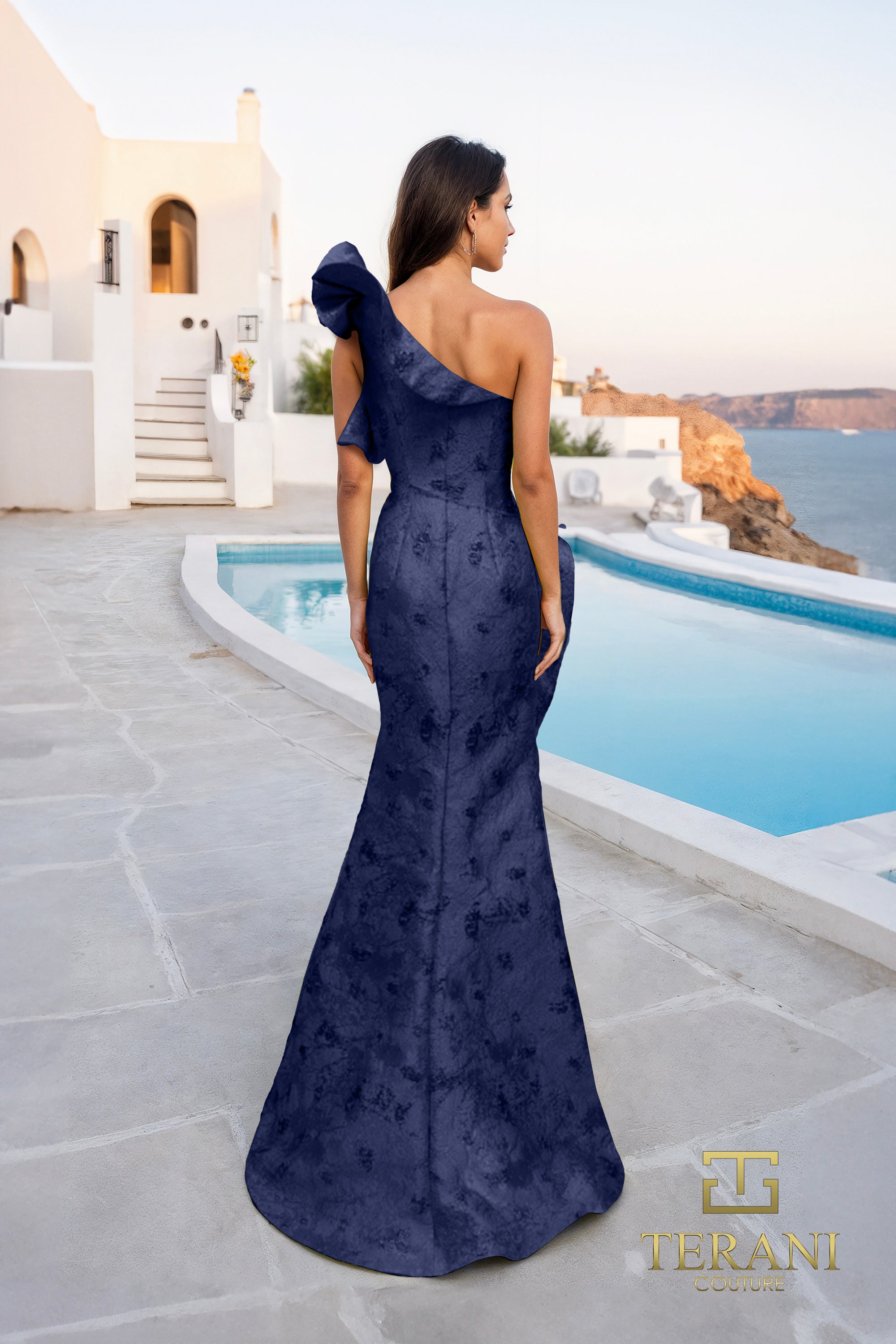 Ruffled One-Shoulder Jacquard Mermaid Gown with Slit - 261E6678