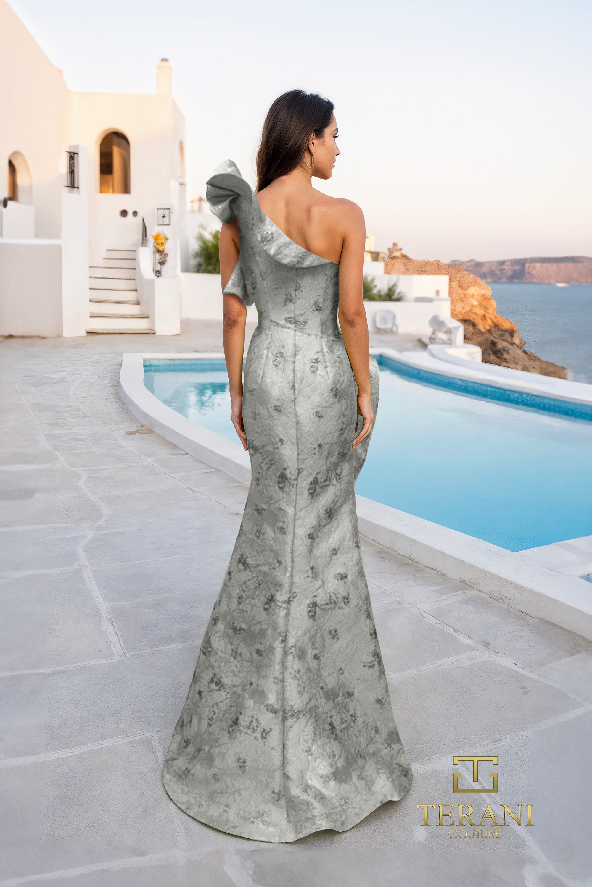 Ruffled One-Shoulder Jacquard Mermaid Gown with Slit - 261E6678