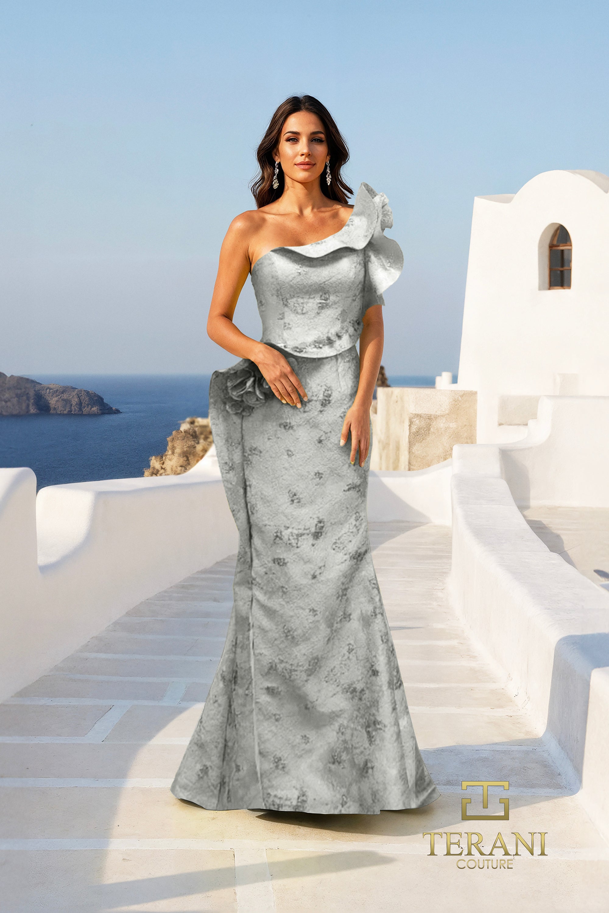 Ruffled One-Shoulder Jacquard Mermaid Gown with Slit - 261E6678