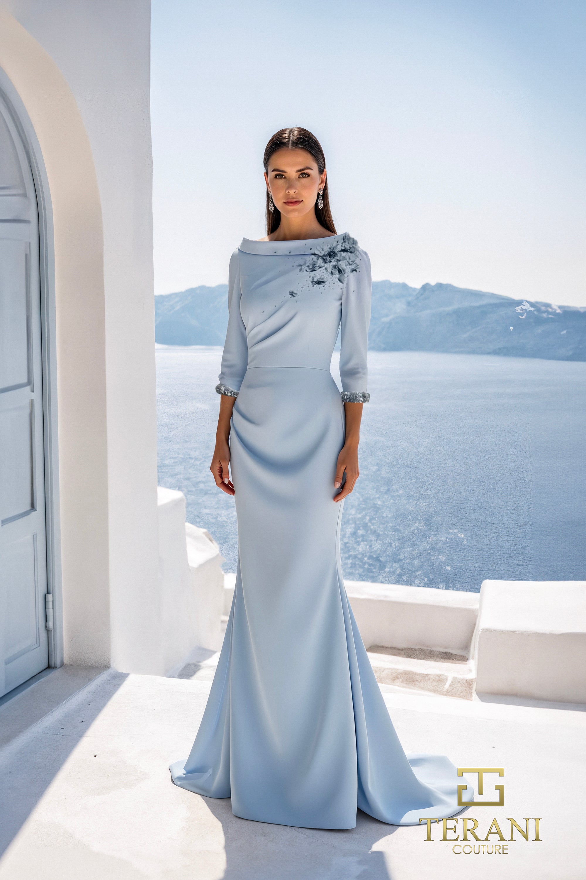 High Boat Neck Crepe Sheath Gown with 3/4 Sleeves - 261E6701
