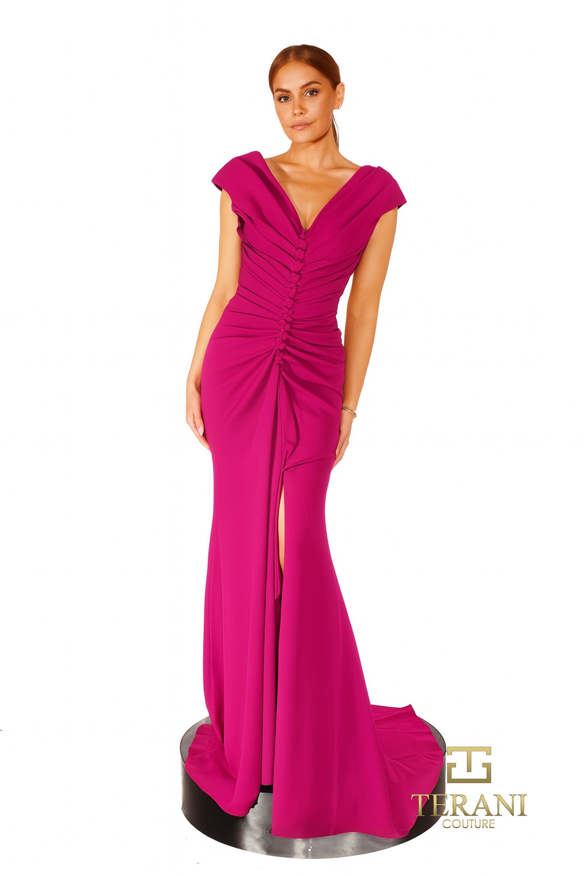 V-Neck Crepe Sheath Gown with Cap Sleeves and Slit - 261E6721