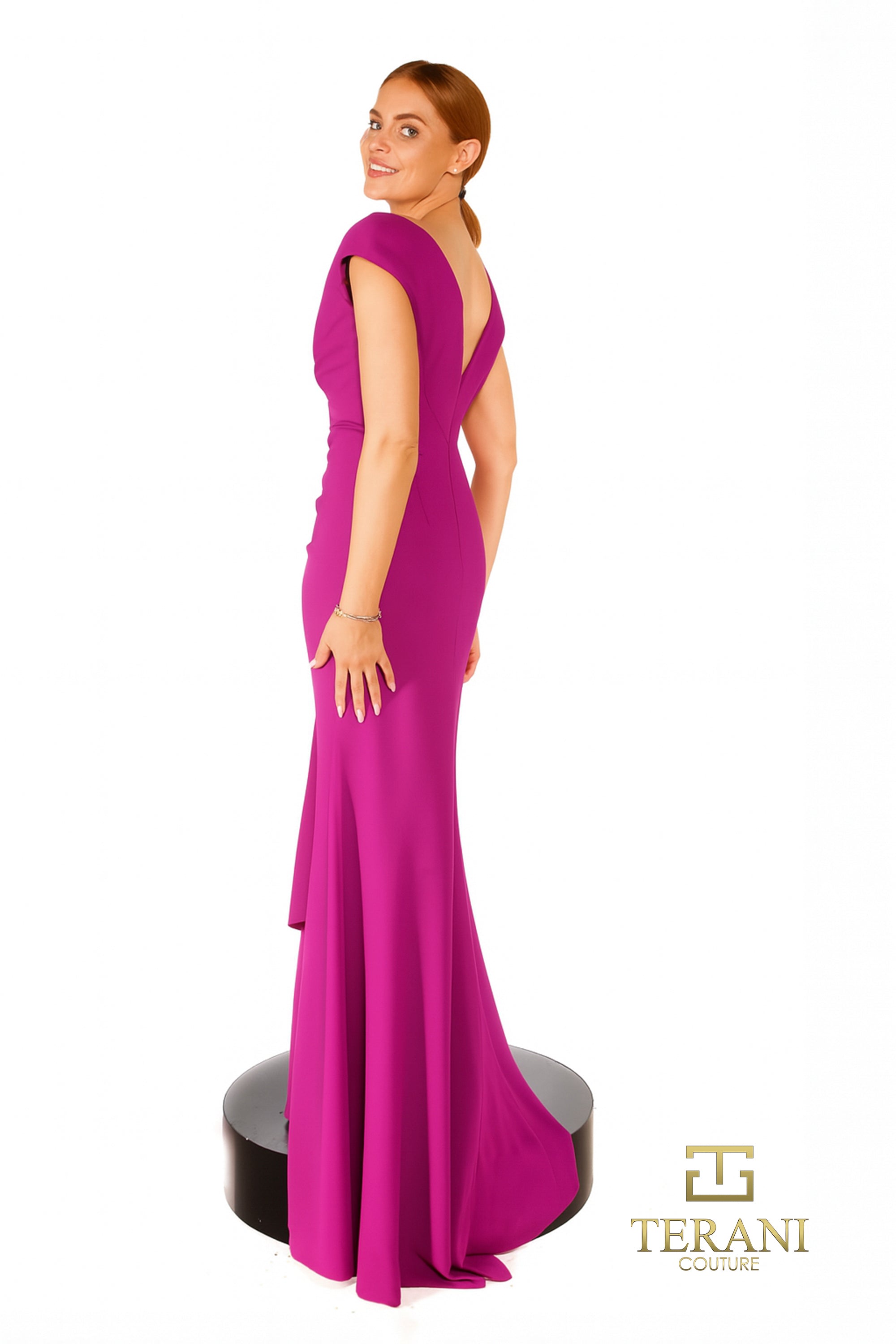 V-Neck Crepe Sheath Gown with Cap Sleeves and Slit - 261E6721