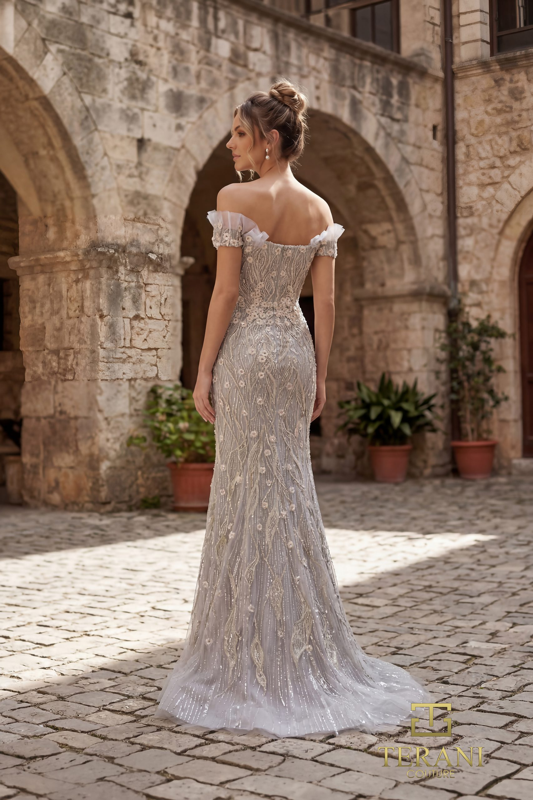 Off-Shoulder Beaded Tulle Mermaid Gown