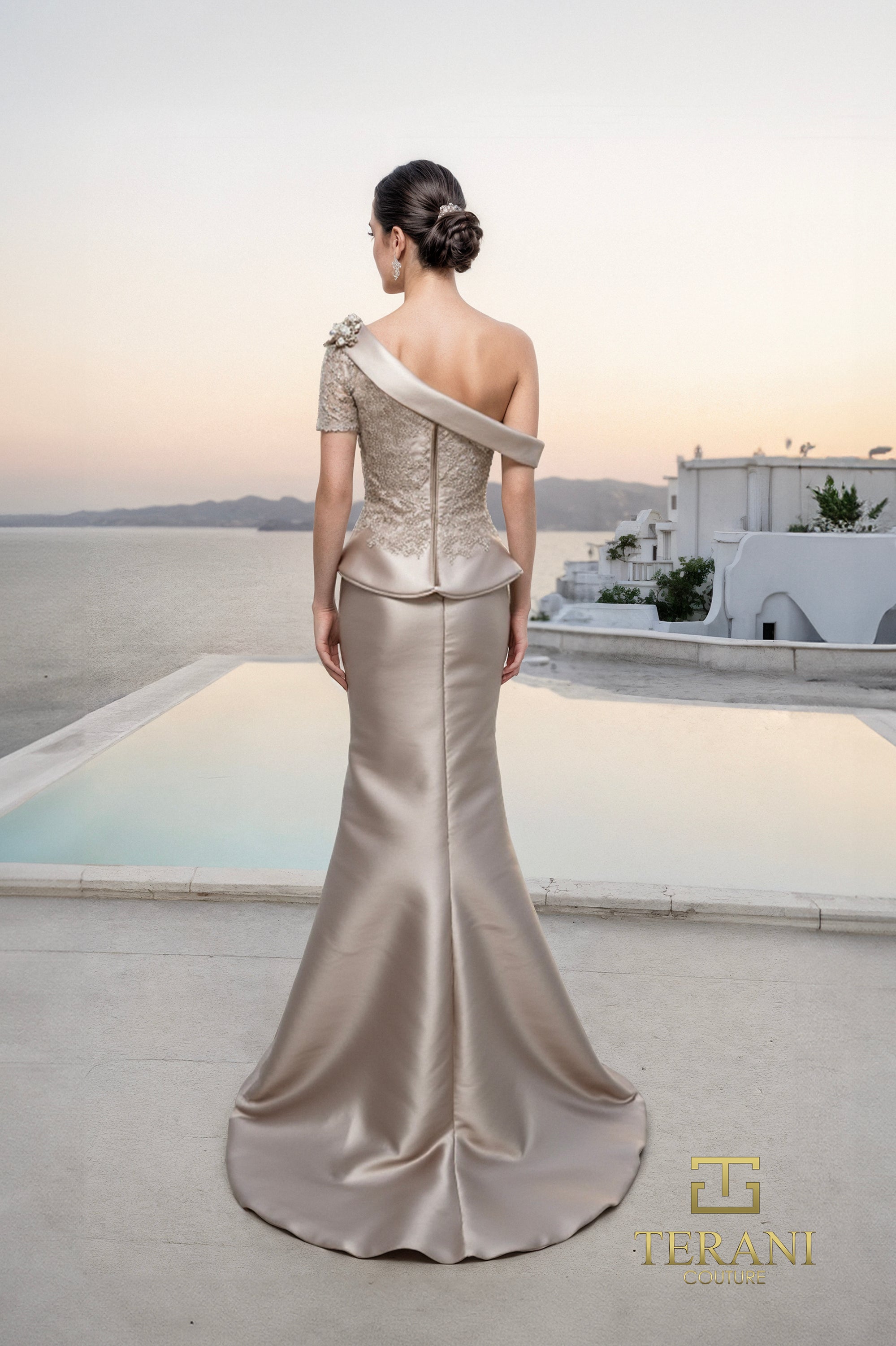 Asymmetric One-Shoulder Mikado & Lace Sheath Gown with Peplum - 261M6408