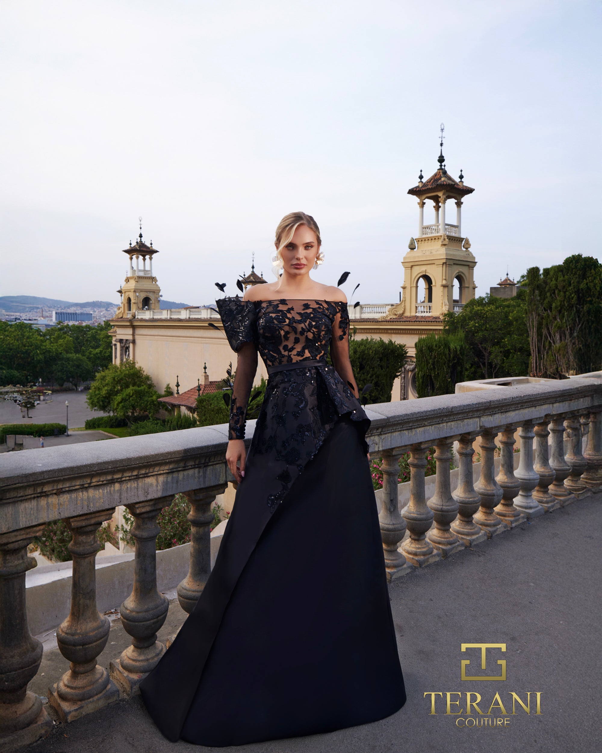 Illusion Neck Mikado & Beaded Tulle A-Line Gown with Long Off-Shoulder Sleeves - 261M6410