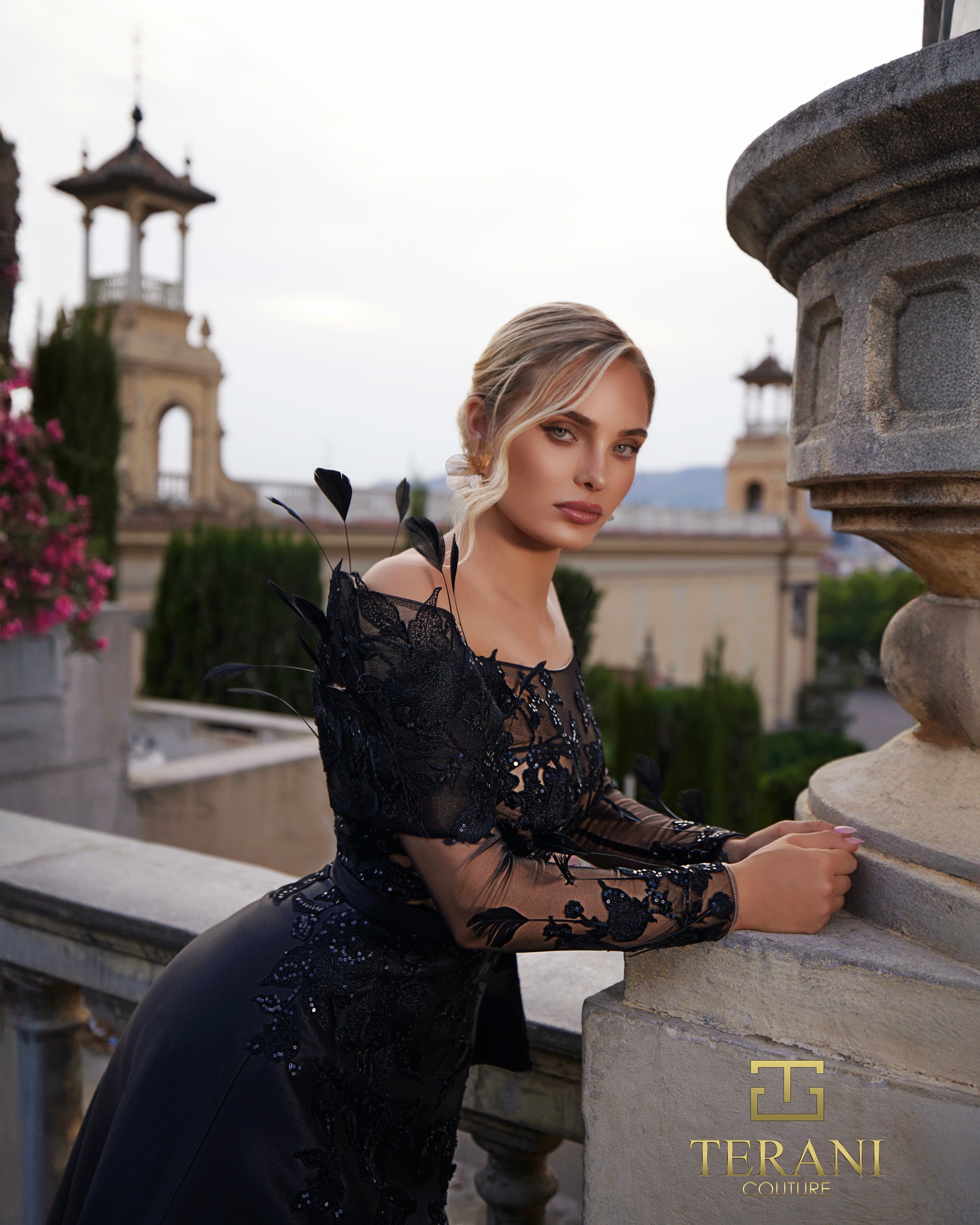 Illusion Neck Mikado & Beaded Tulle A-Line Gown with Long Off-Shoulder Sleeves - 261M6410