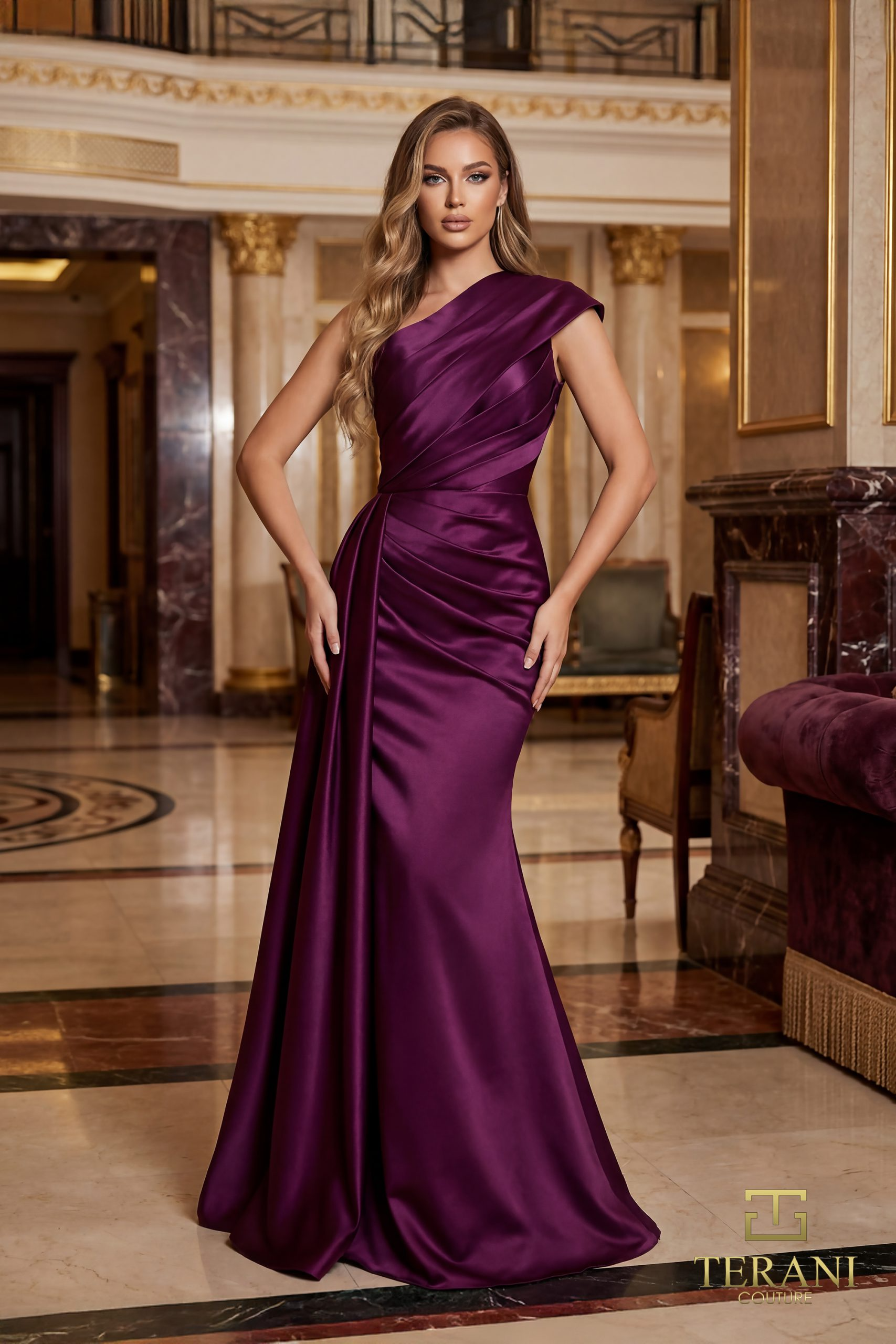 TERANI 261M6411 Dress Asymmetric One-Shoulder Stretch Mikado Fit & Flare Gown
