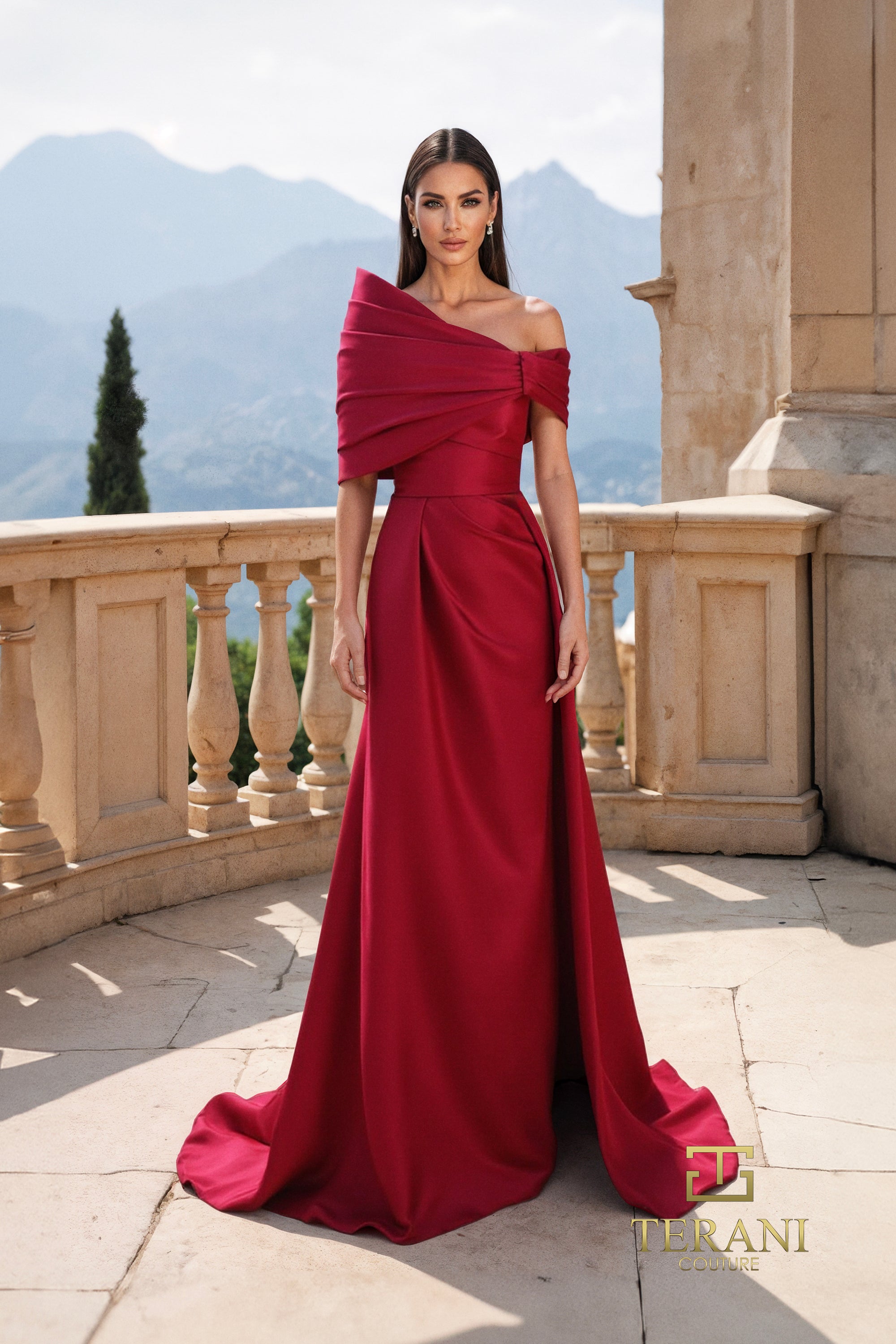 Straight Neck Matte Satin A-Line Gown with Shawl - 261M6415