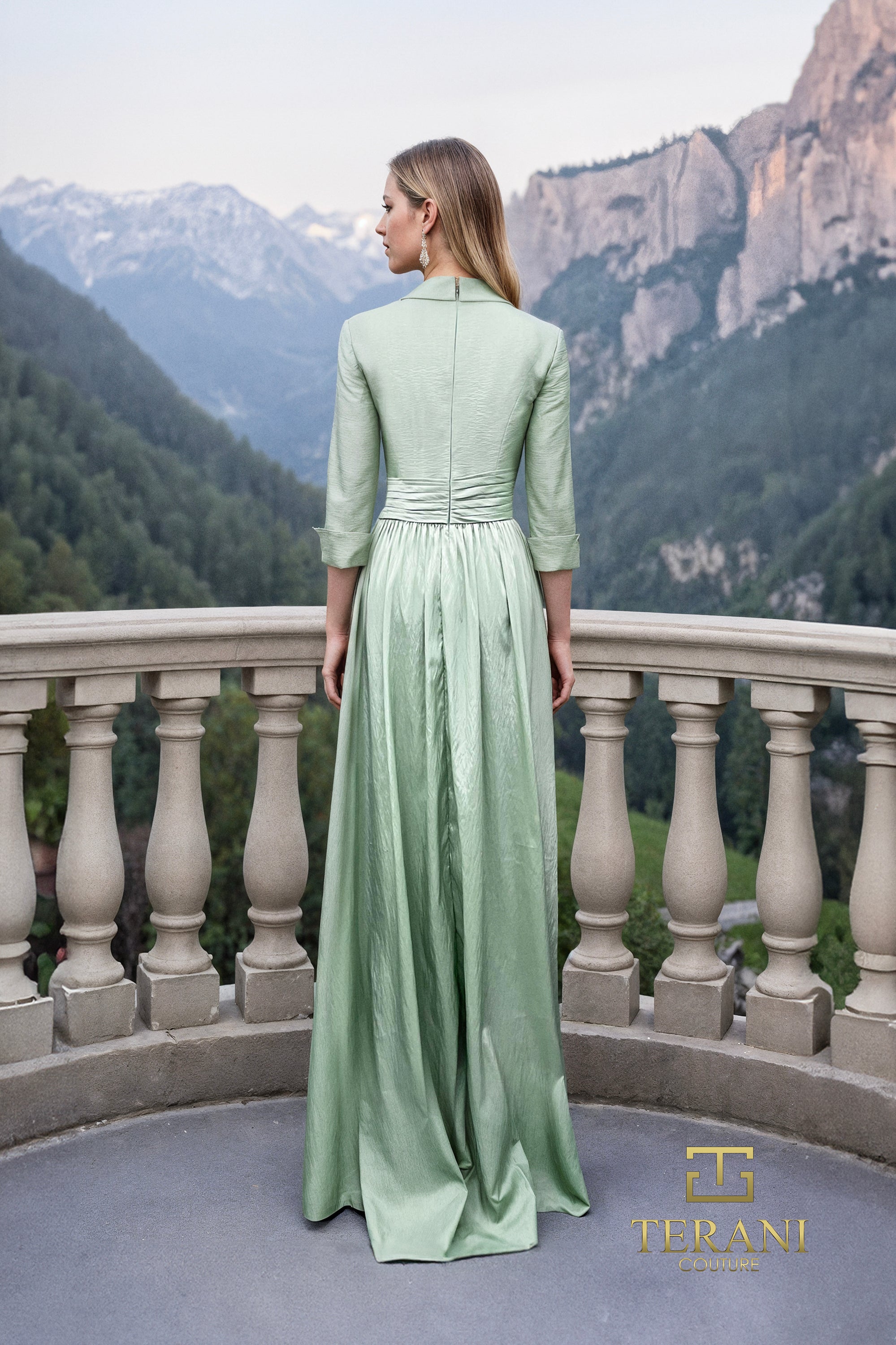 Collared Deep V Matte Tafetta A-Line Gown with 3/4 Sleeves - 261M6418