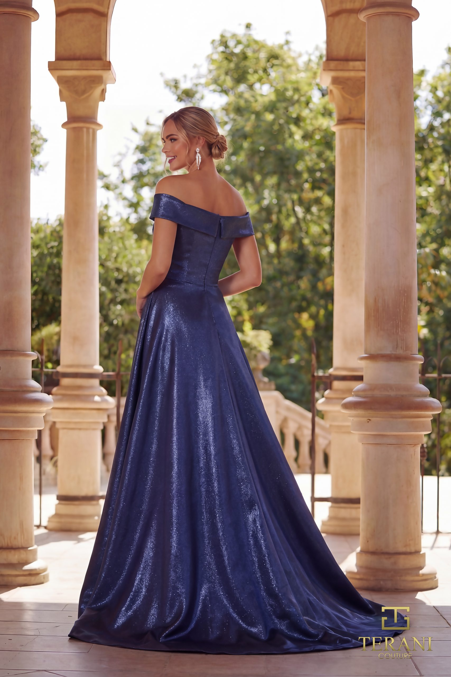 TERANI 261M6423 Dress Off-Shoulder Sweetheart Shimmer Fit & Flare Gown with Slit