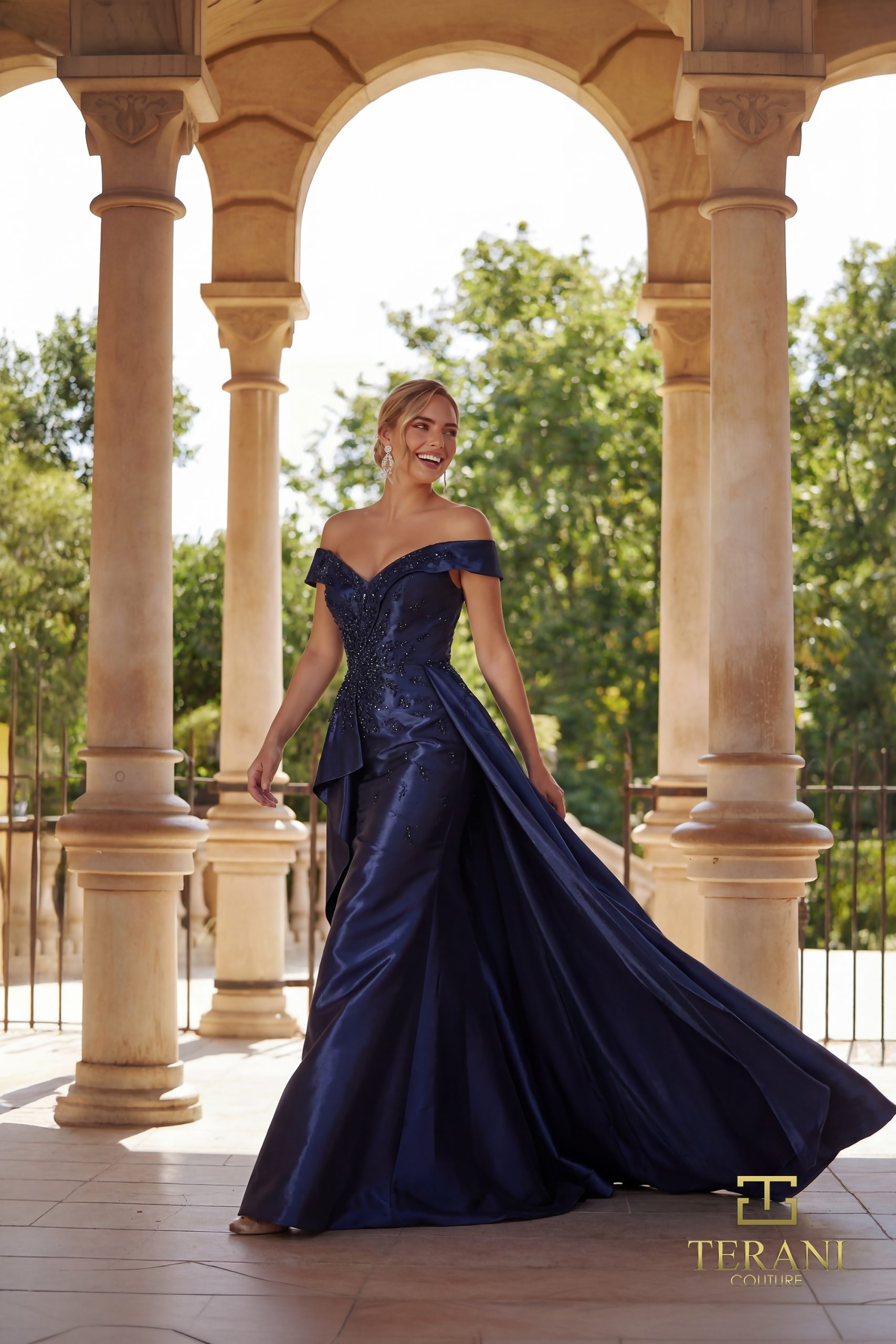 TERANI 261M6423 Dress Off-Shoulder Sweetheart Shimmer Fit & Flare Gown with Slit