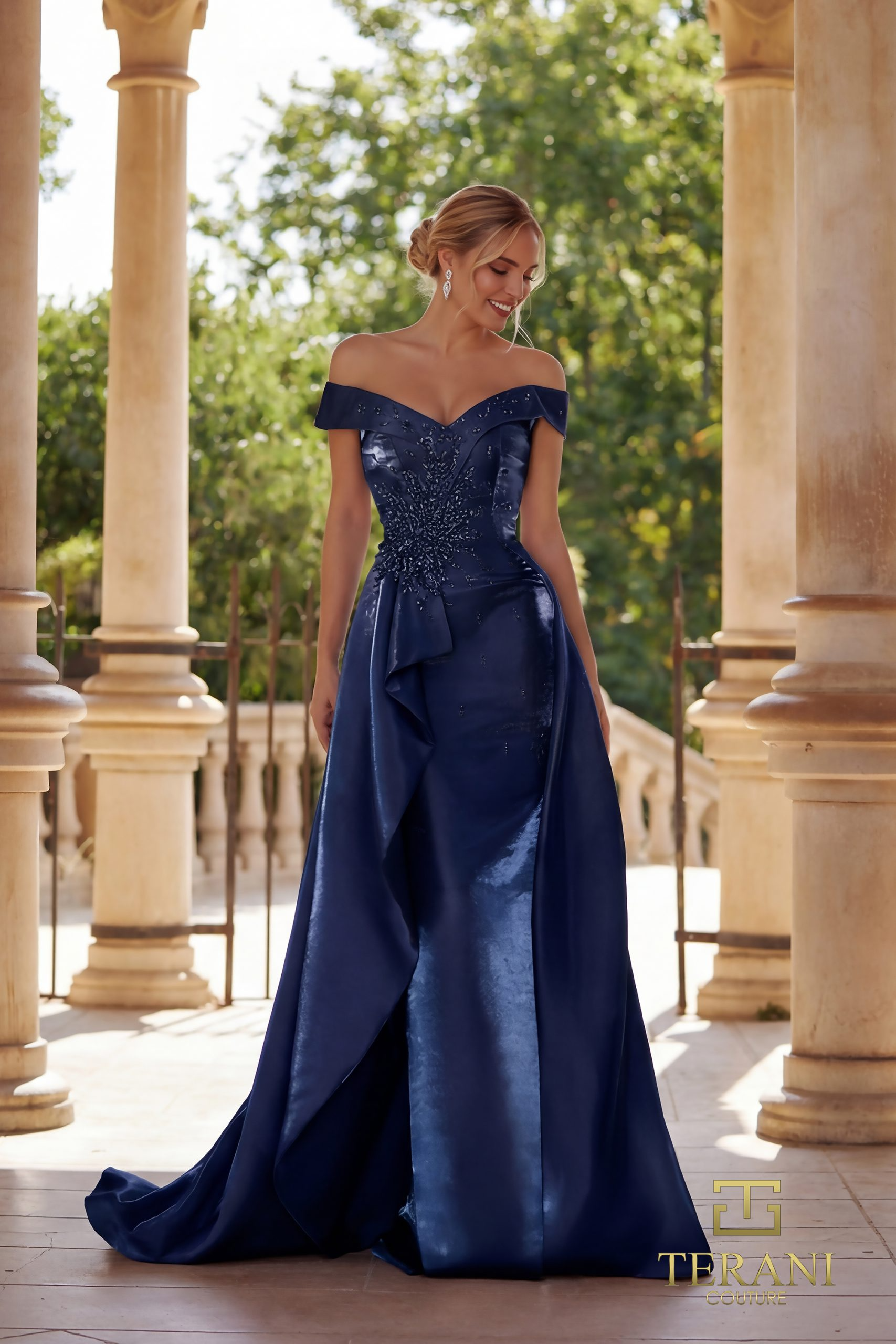 TERANI 261M6423 Dress Off-Shoulder Sweetheart Shimmer Fit & Flare Gown with Slit