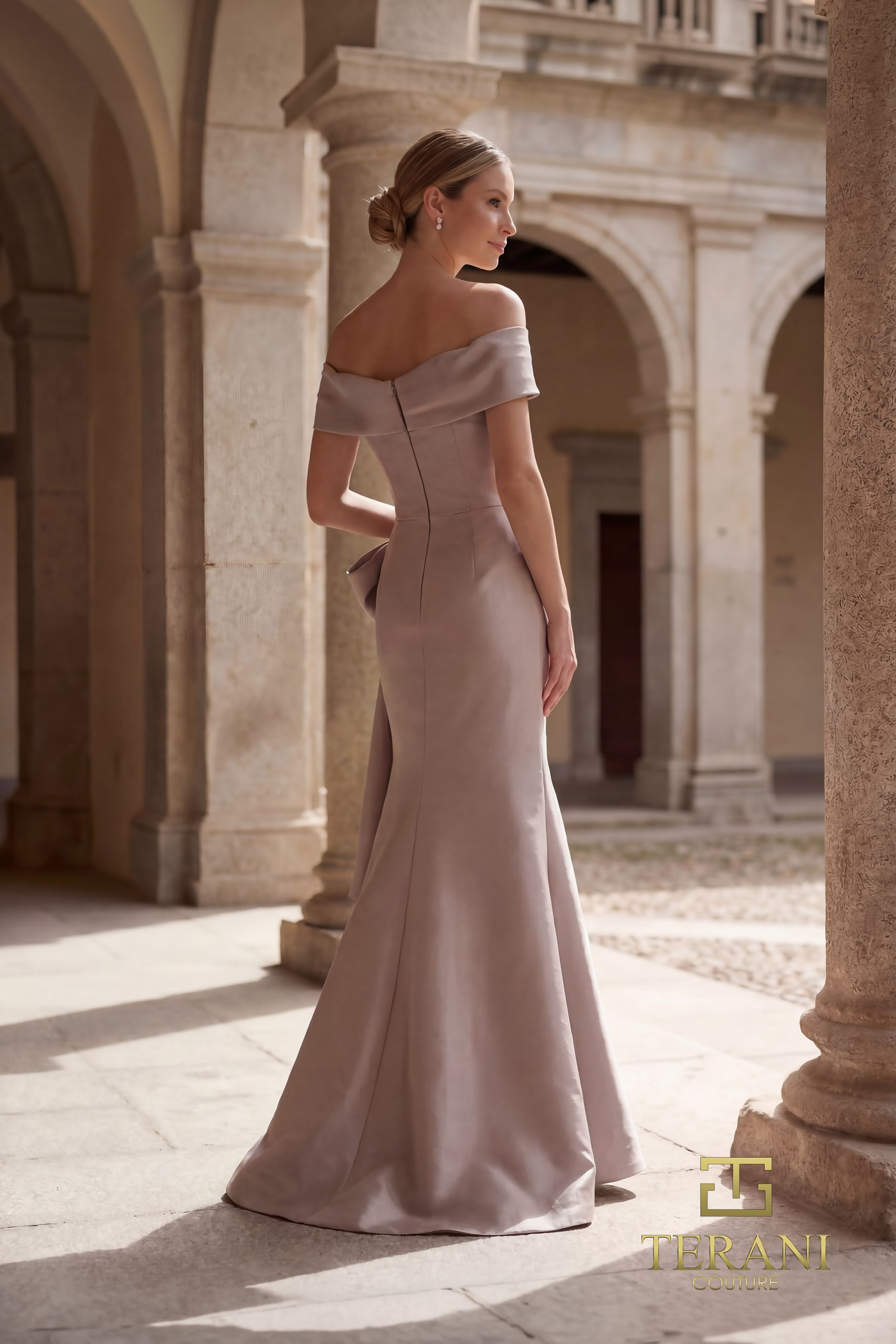 TERANI 261M6431 Dress Off-Shoulder Stretch Mikado A-Line Gown