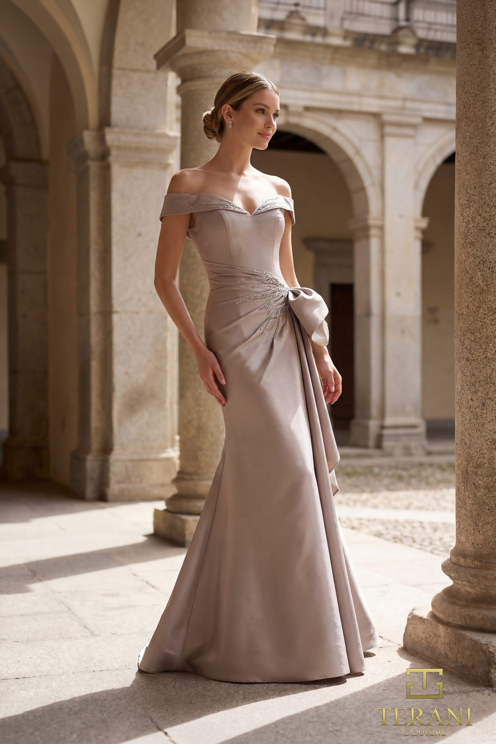 TERANI 261M6431 Dress Off-Shoulder Stretch Mikado A-Line Gown